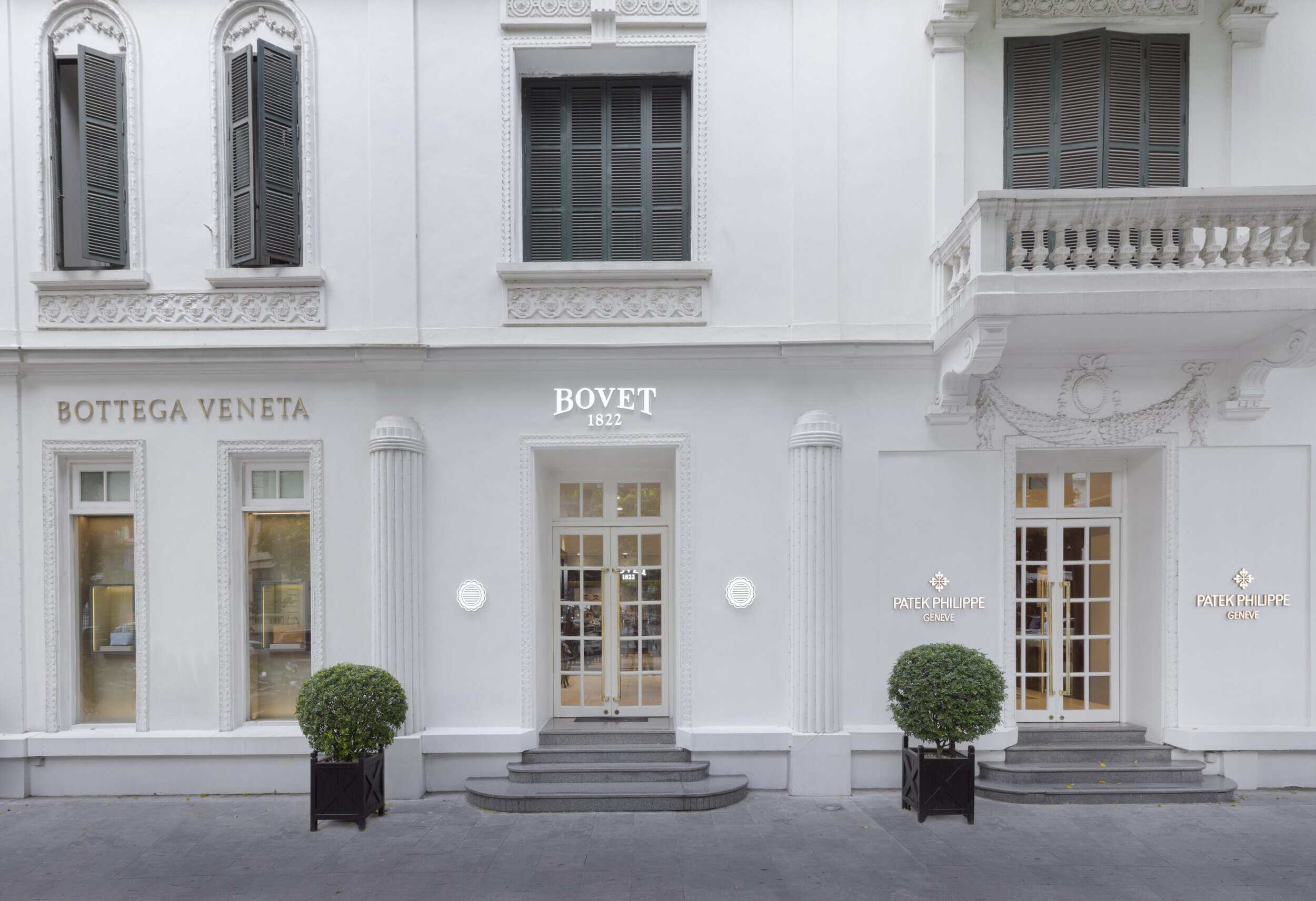 Elegant Bovet boutique facade with classic architecture and luxurious branding, showcasing high-end.