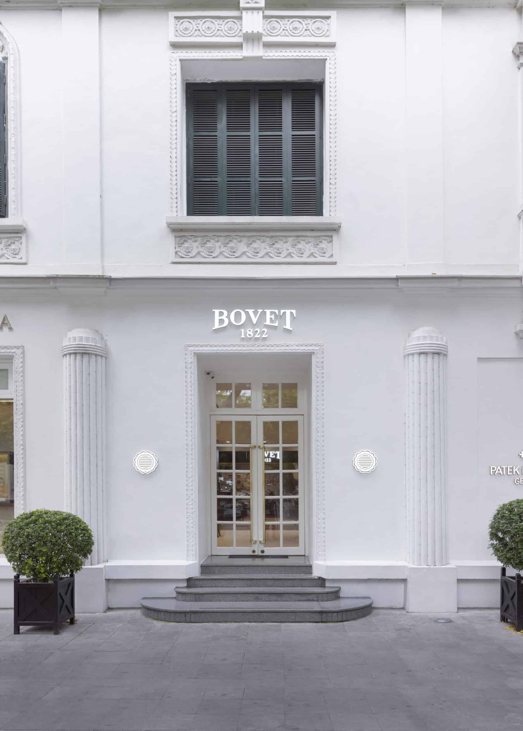 Elegant Bovet boutique facade with classic architectural details, highlighting luxury timepieces and.