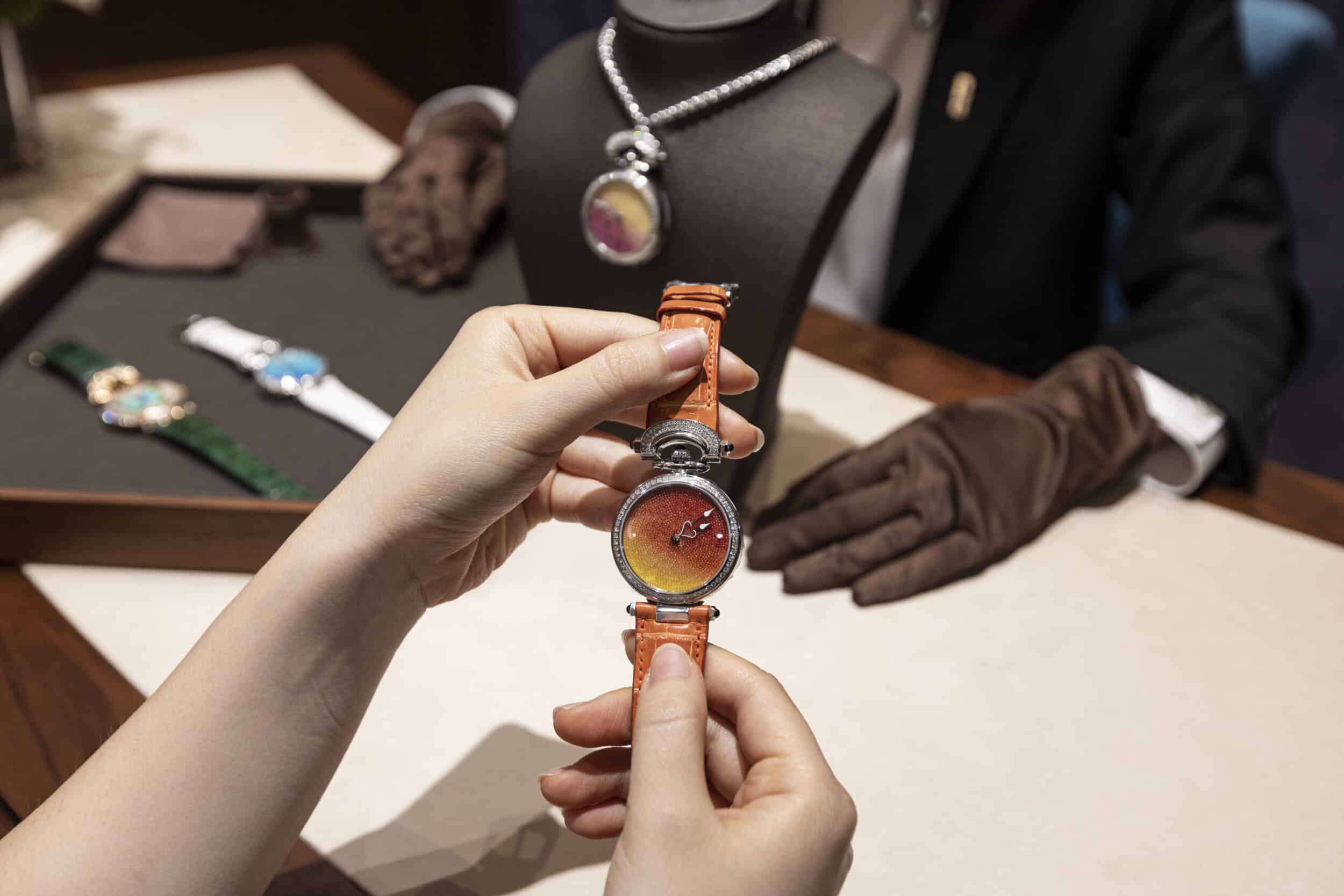 Elegant Bovet timepiece with orange leather strap displayed at BOVET Vietnam event.