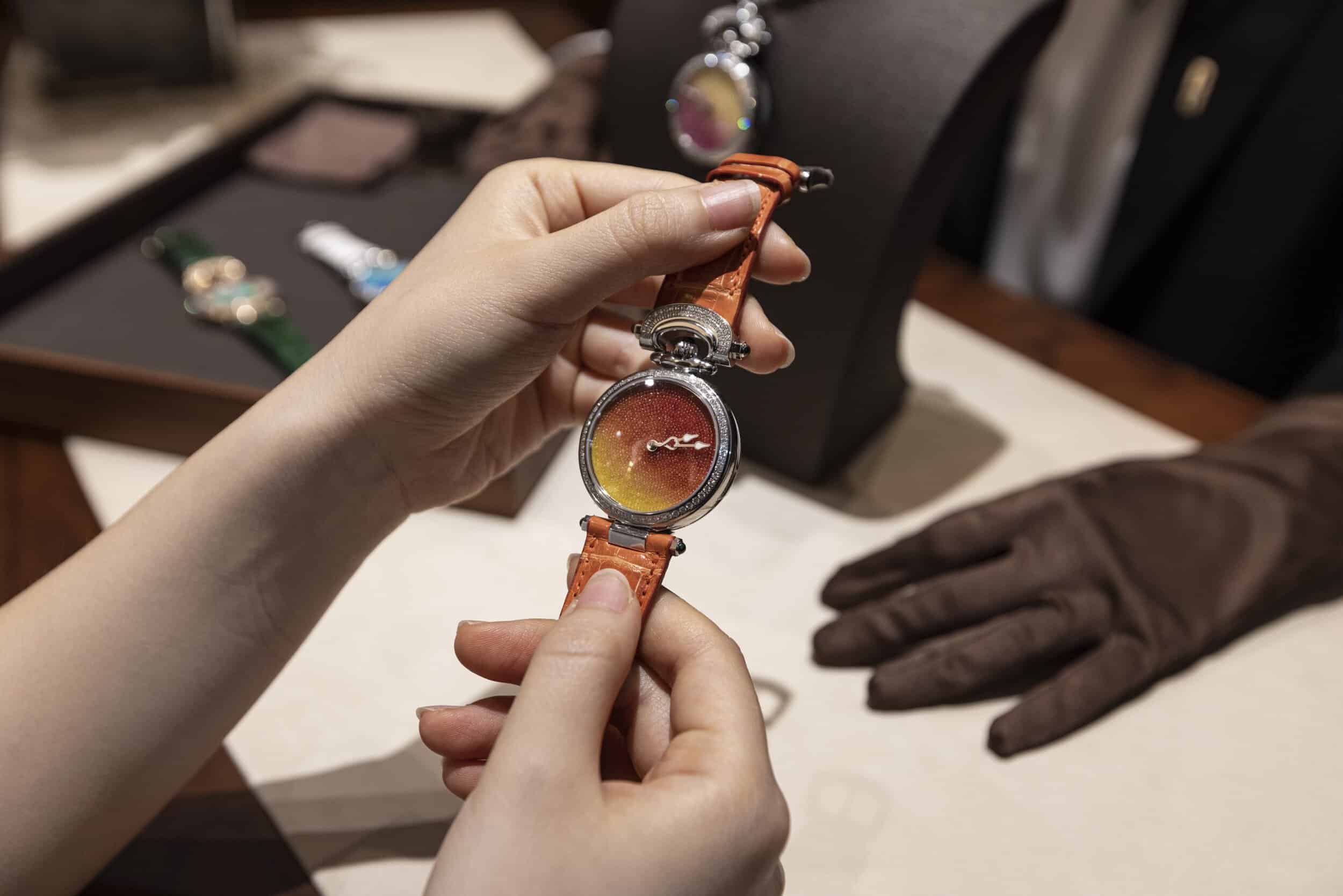 Elegant Bovet timepiece with a colorful dial and leather strap showcasing luxury craftsmanship.