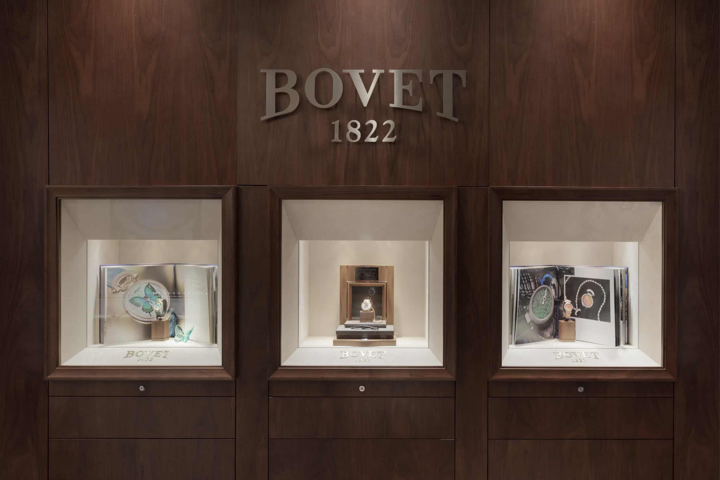 Elegant Bovet display case showcasing luxurious timepieces at BOVET Vietnam store.