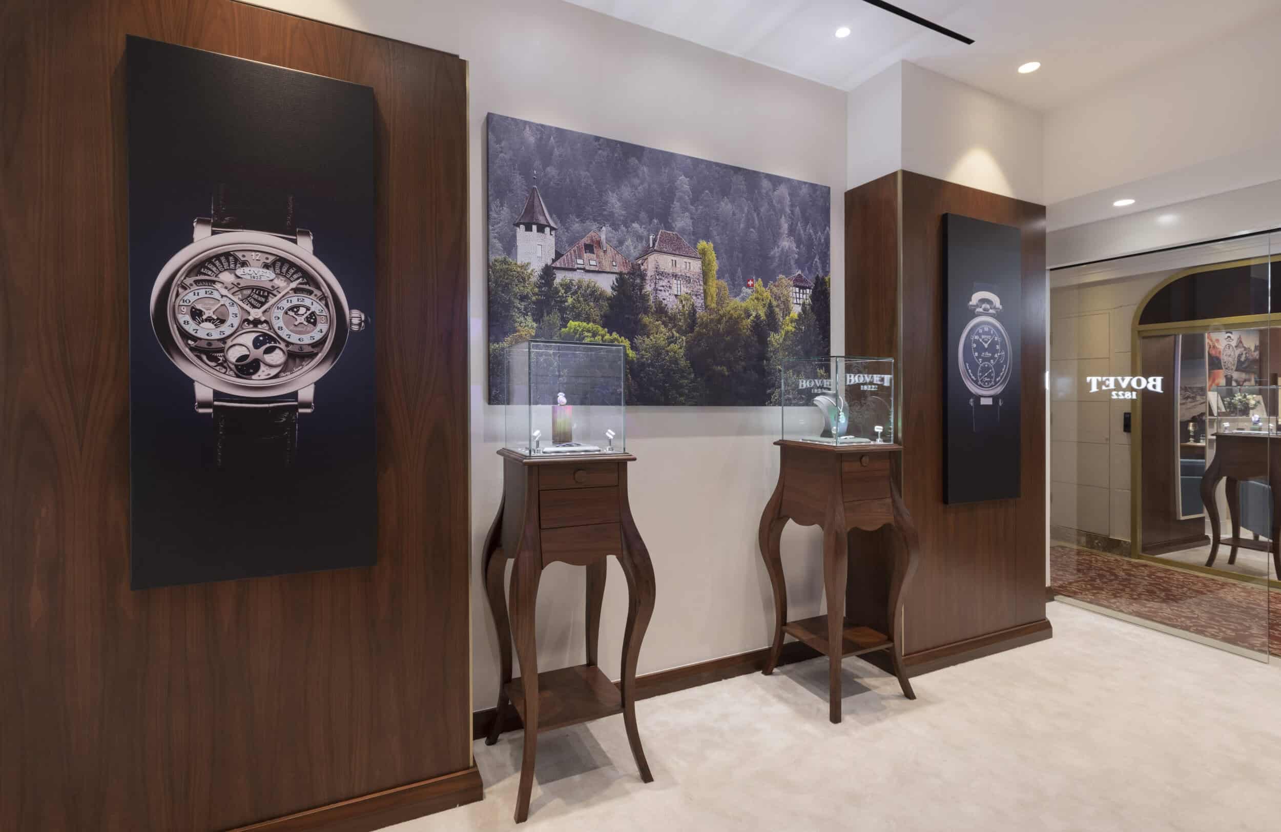 Elegant Bovet timepieces display at Vietnam boutique with modern decor.