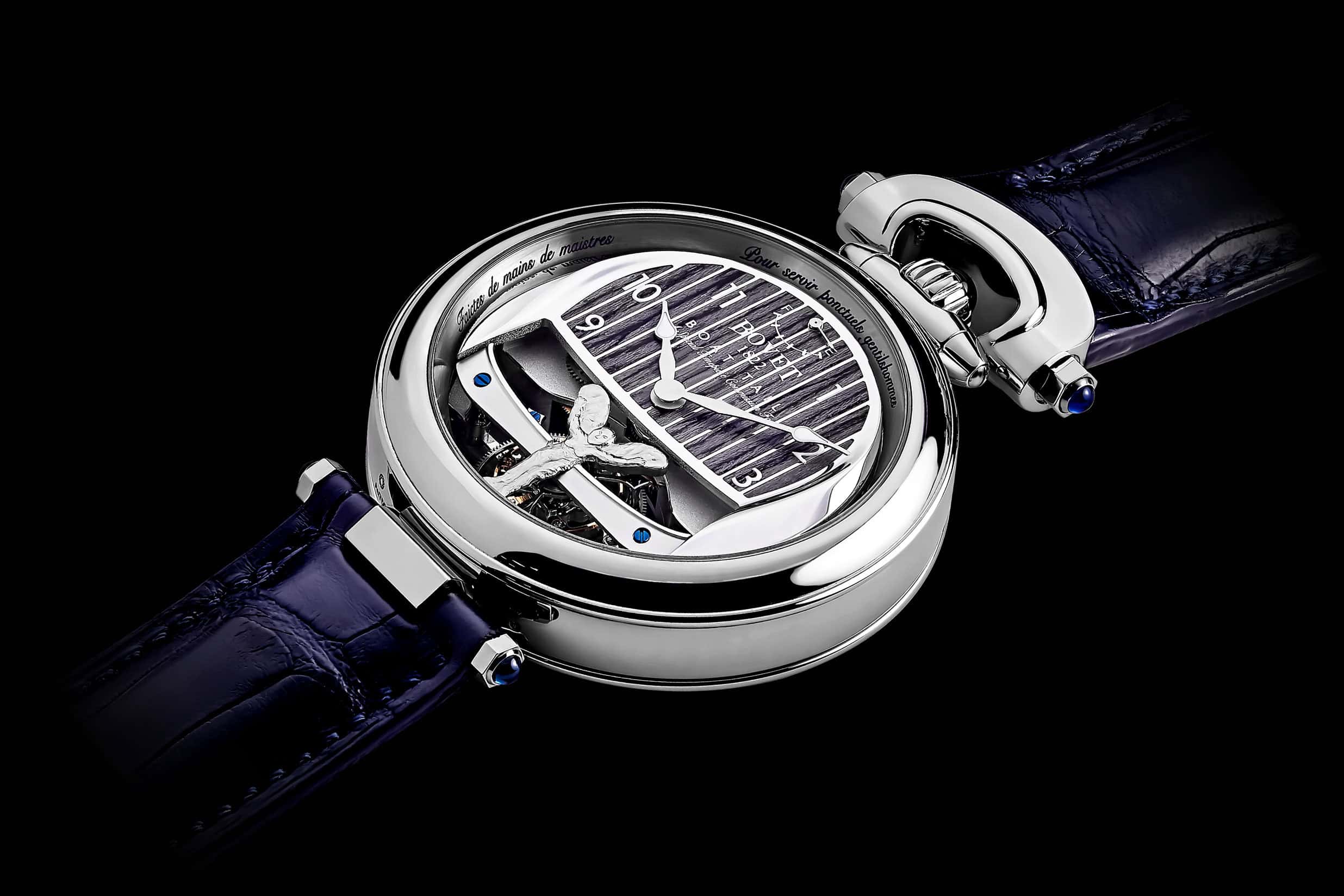 Exquisite Bovet timepiece with intricate mechanical design and luxurious leather strap.