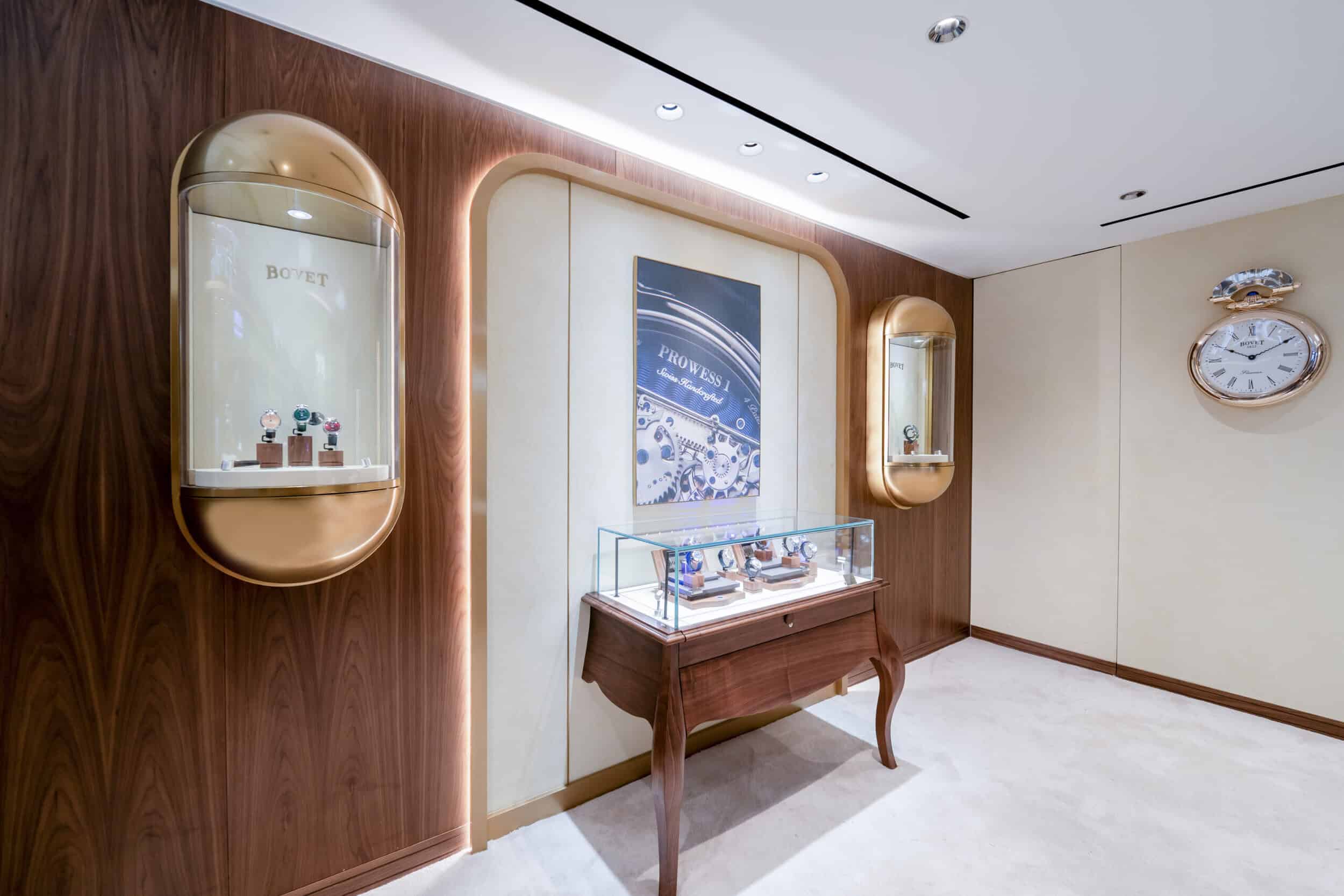 Elegant Bovet timepieces displayed in a luxurious showroom setting at Cortina Watch Hong Kong.