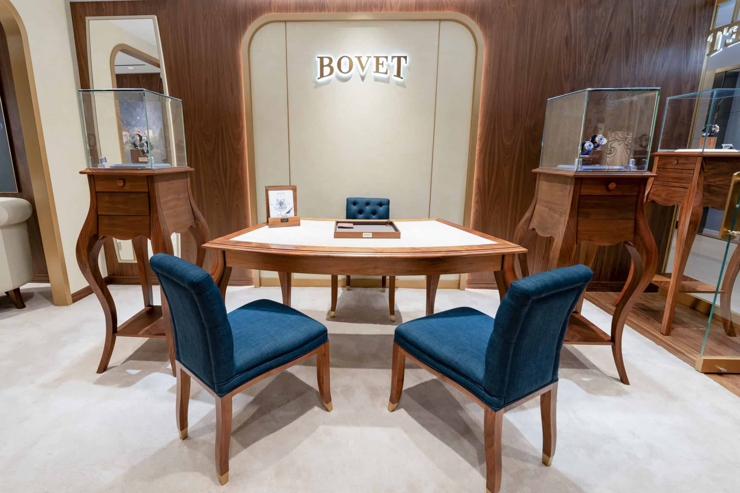 Elegant Bovet display area with luxury timepieces and sophisticated decor in Hong Kong.