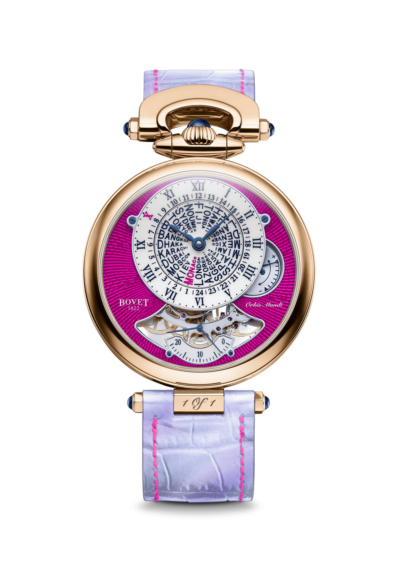 A stunning Bovet timepiece featuring intricate dial details and a luxurious pink and gold design, sh.