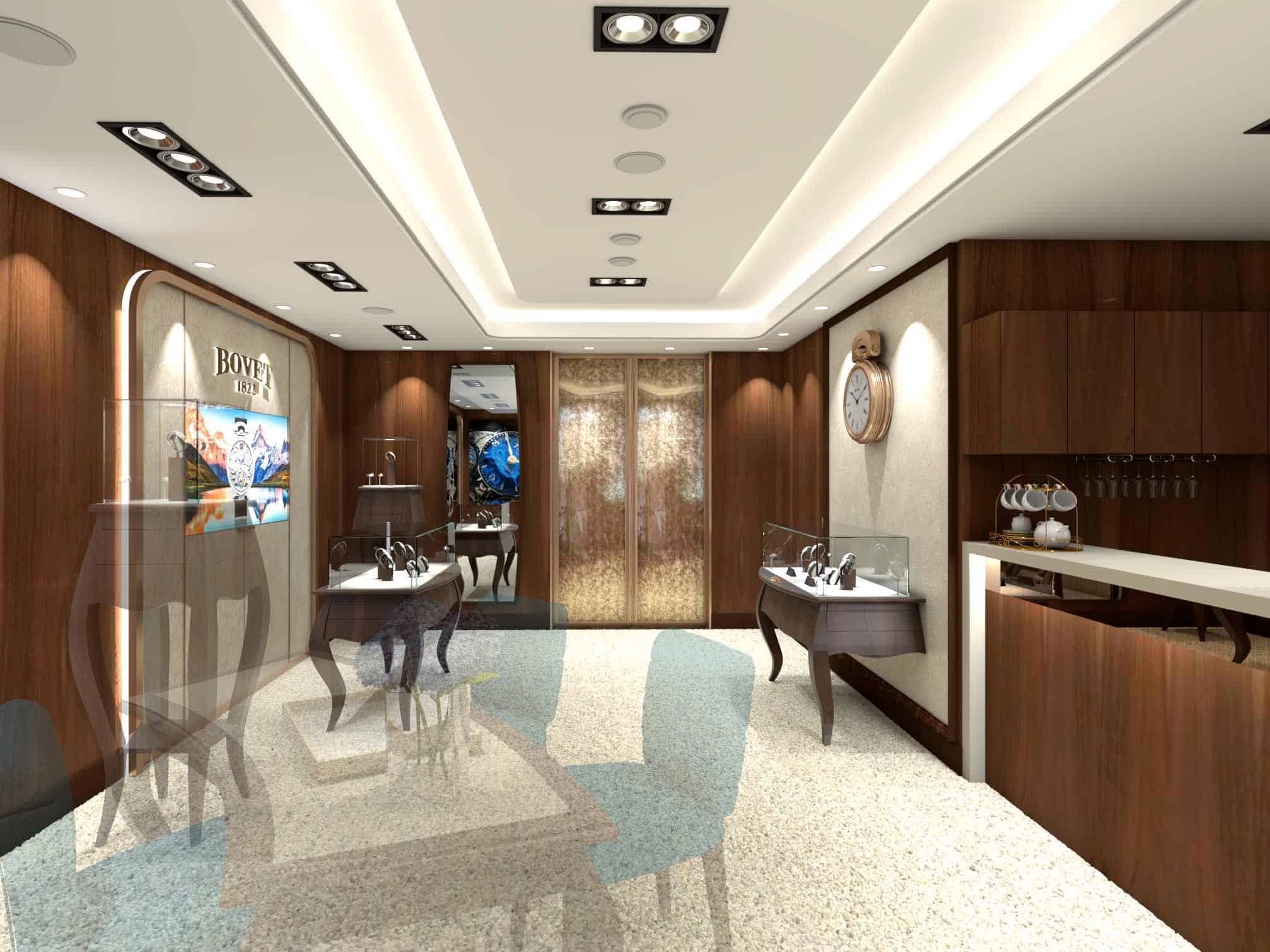 Elegant Bovet timepieces displayed in a luxurious hotel lobby setting.