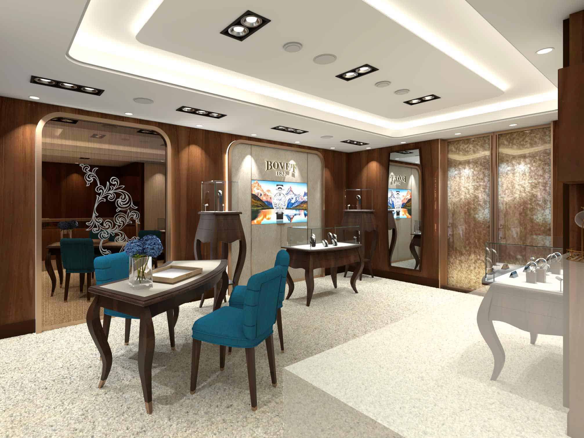 Elegant Bovet timepieces displayed in a luxurious hotel lounge setting at Cortina Watch Hotel Royal-.