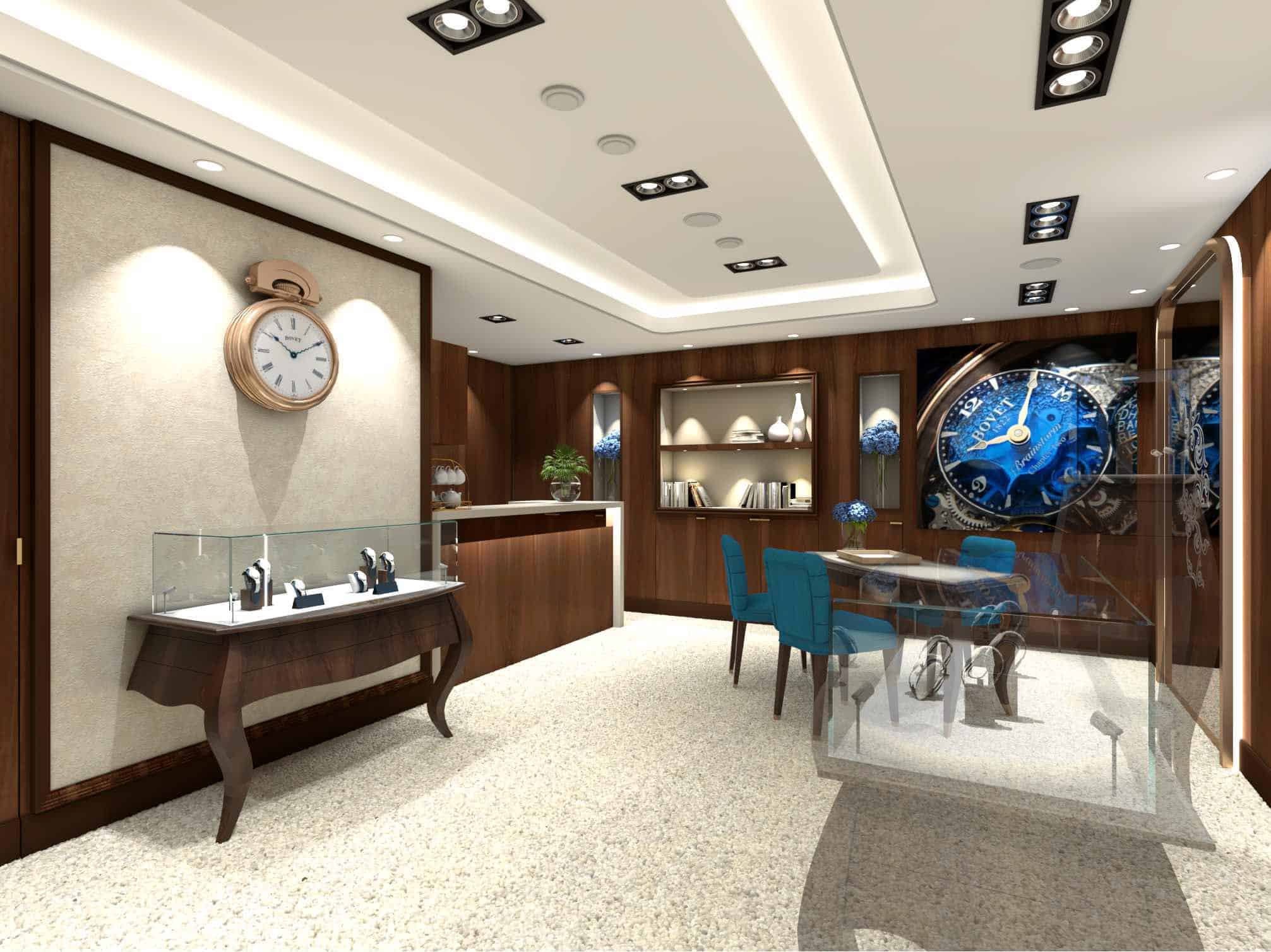 Elegant interior of Bovet boutique showcasing luxury timepieces in Taipei hotel setting.