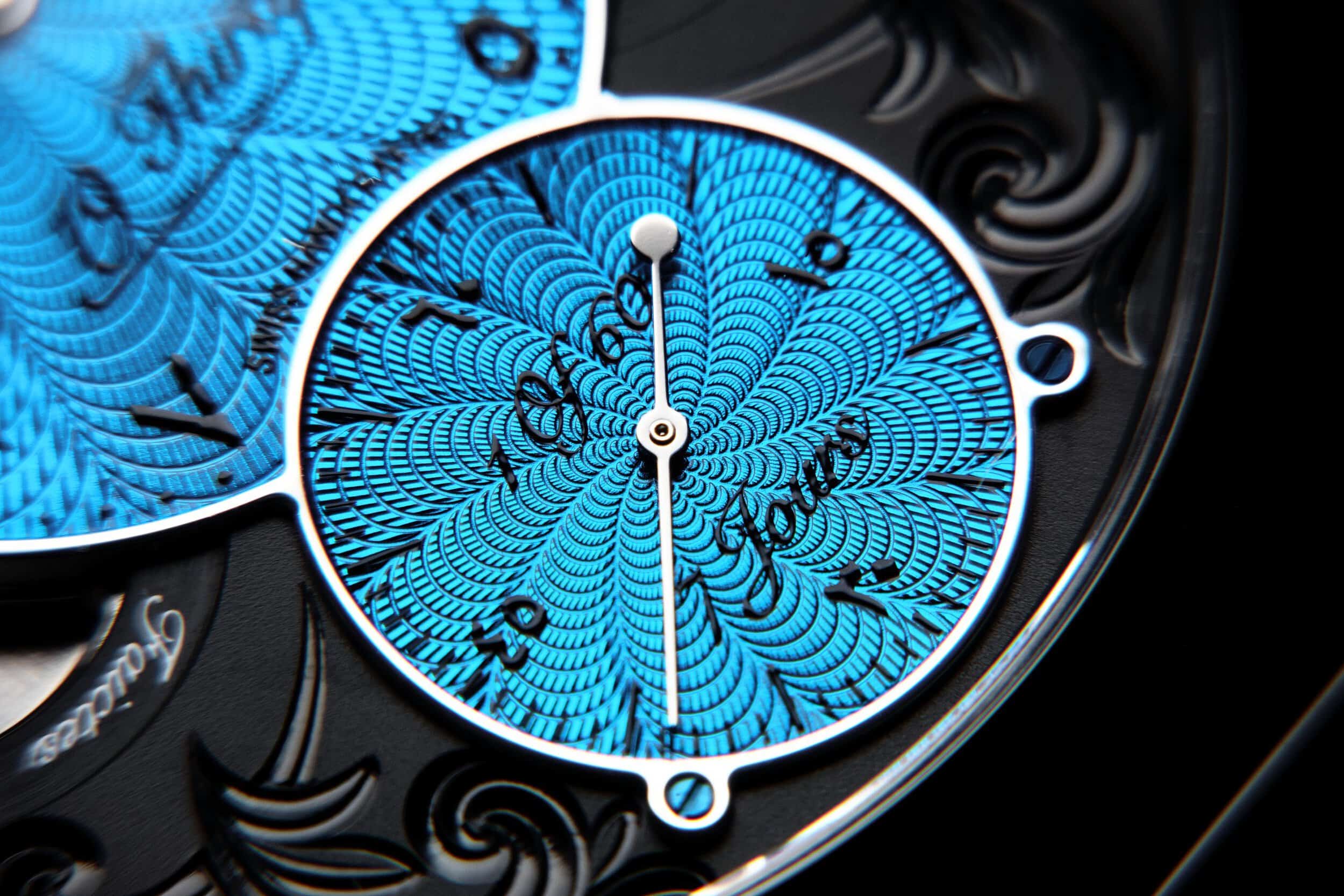 Intricate blue dial of a Bovet timepiece with detailed craftsmanship and elegant design.