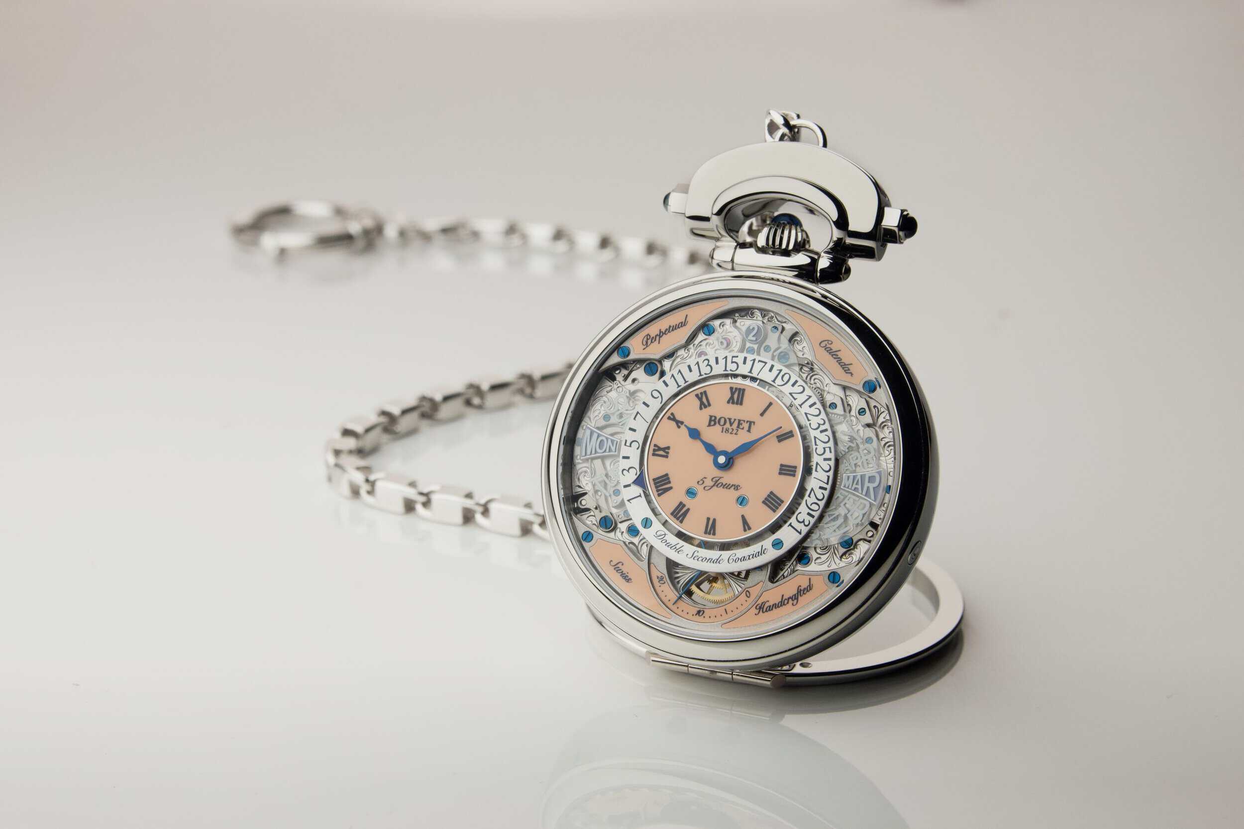 Elegant Bovet timepiece with salmon lacquer dial and intricate craftsmanship.