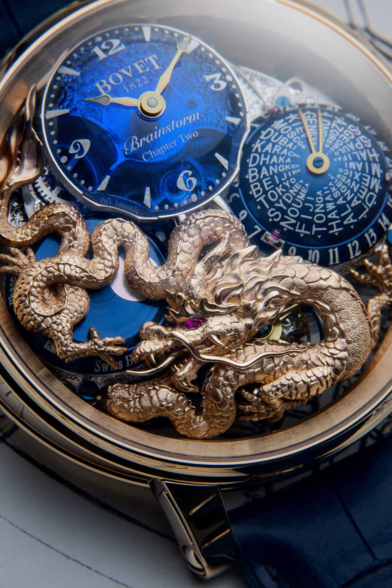 Luxurious Bovet timepiece featuring intricate dragon design and dual time zone dials.