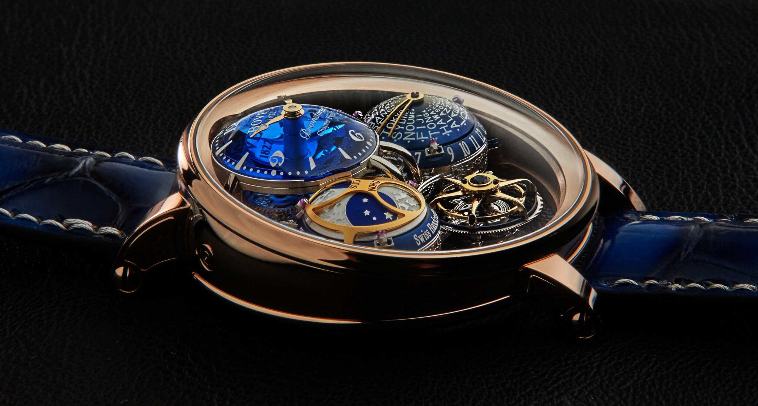 Luxurious Bovet timepiece in 18K red gold with intricate blue dial details.