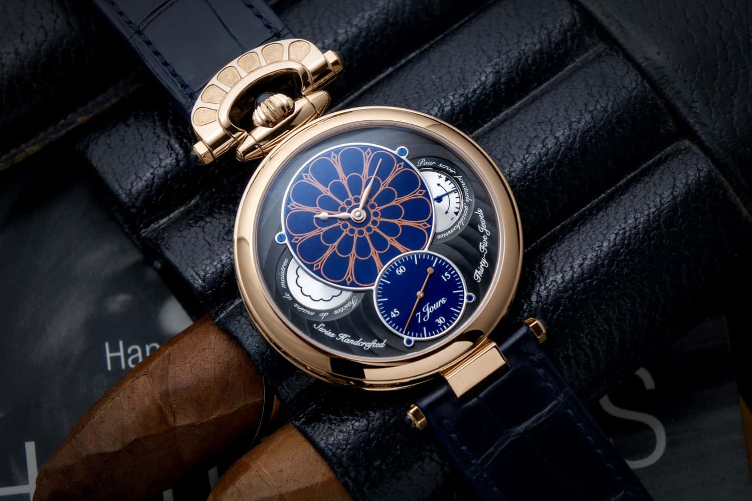 Luxurious BOVET timepiece with intricate dial design and elegant leather strap.