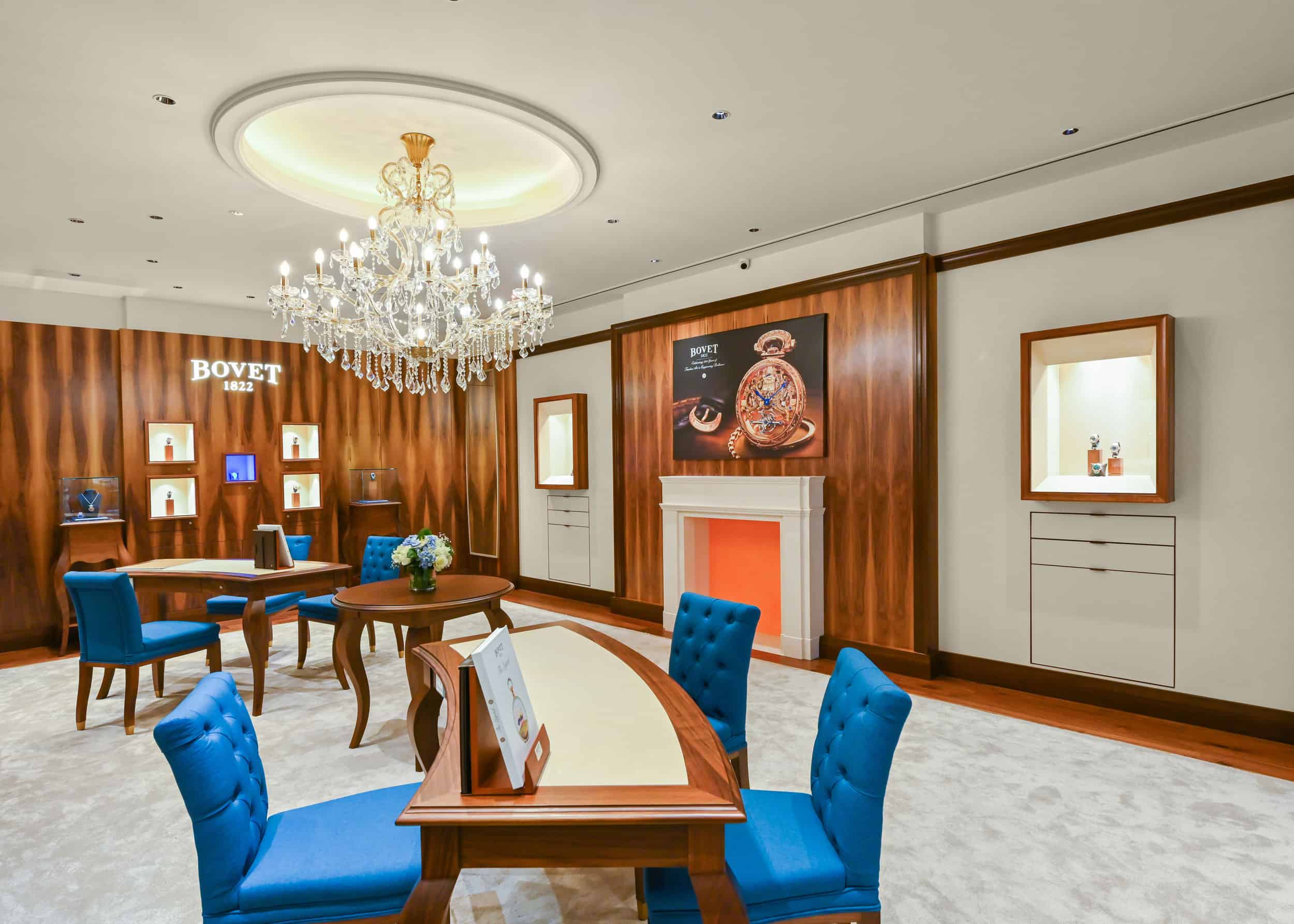 Elegant Bovet display room with luxurious timepieces and sophisticated decor in New Delhi.