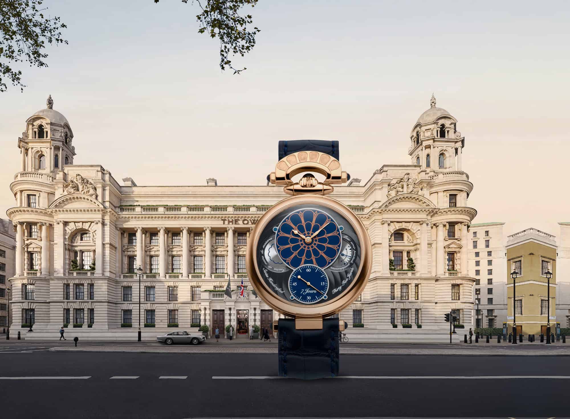 Luxurious Bovet timepiece displayed in front of an elegant historic building, emphasizing craftsmans.