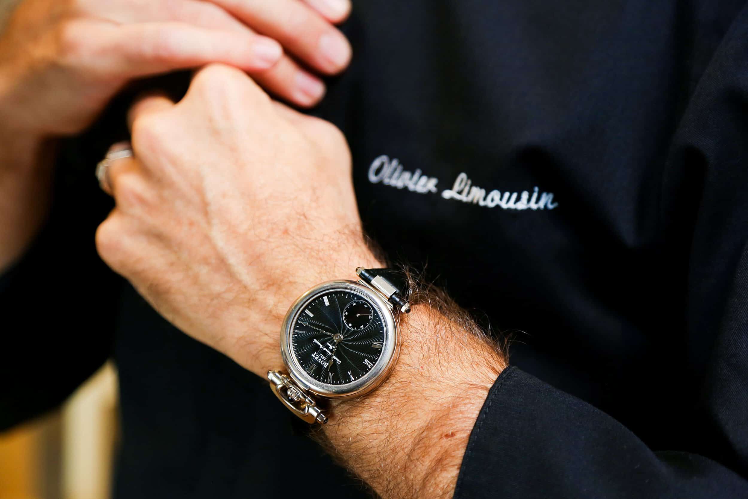 Elegant Bovet timepiece worn by Chef Olivier Limousin, showcasing luxury craftsmanship.
