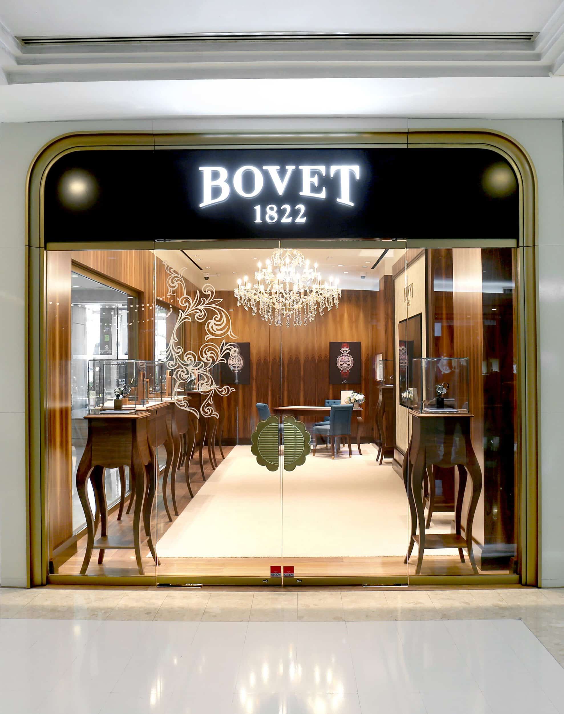 BOVET luxury timepiece boutique entrance with elegant interior and chandelier display.