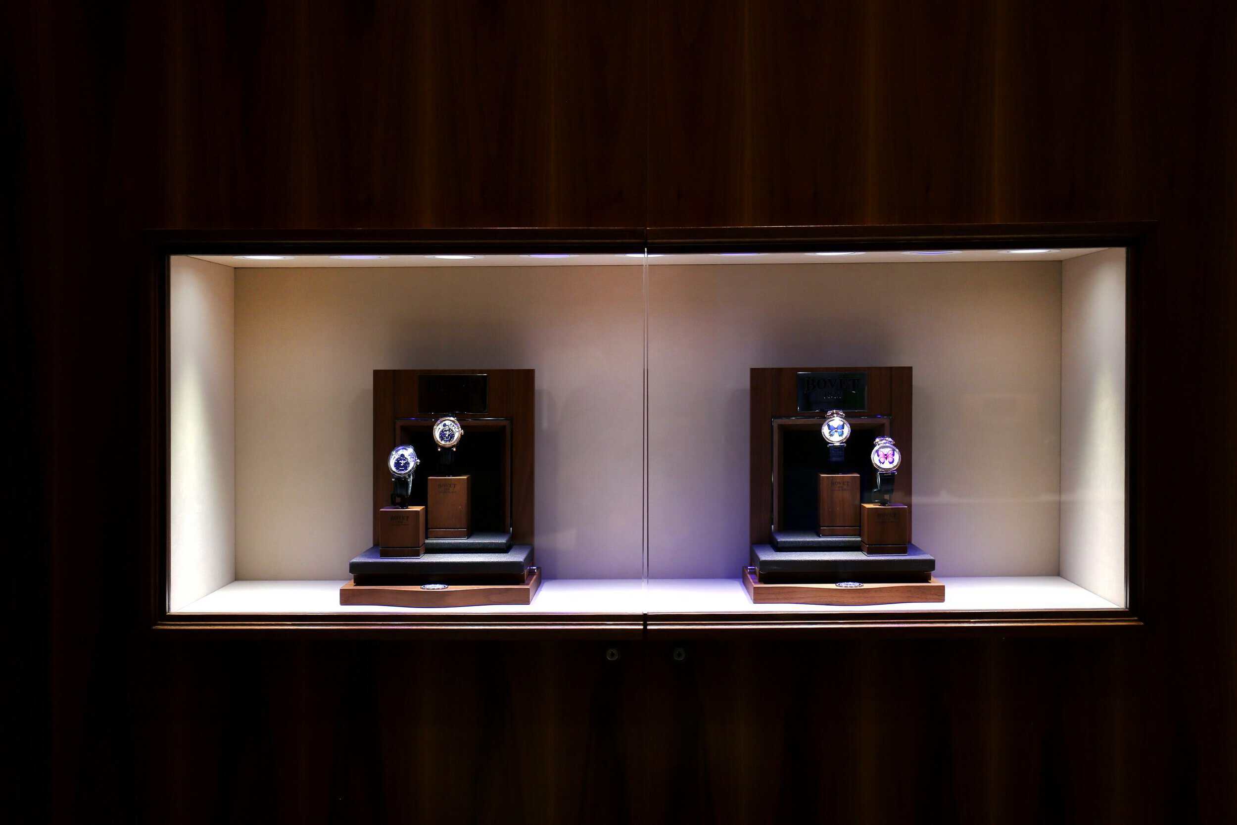 Elegant Bovet timepieces displayed in a luxurious showcase for Saudi Arabia clientele.