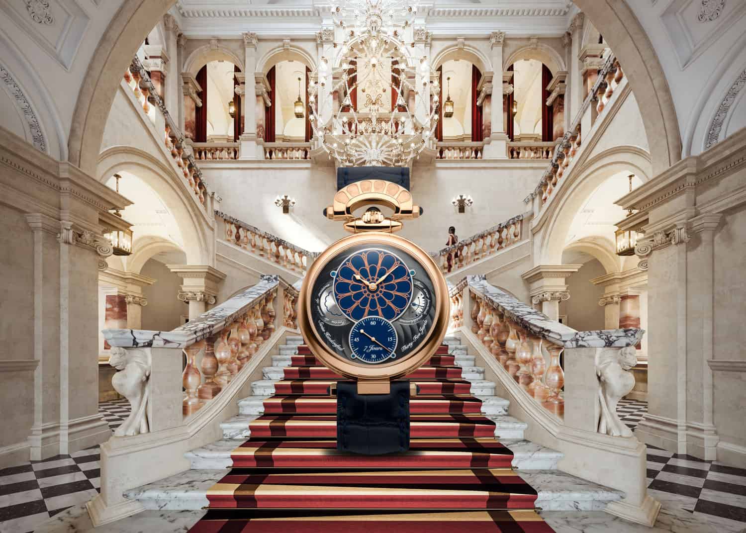 Luxurious Bovet timepiece displayed in an opulent grand hall setting.
