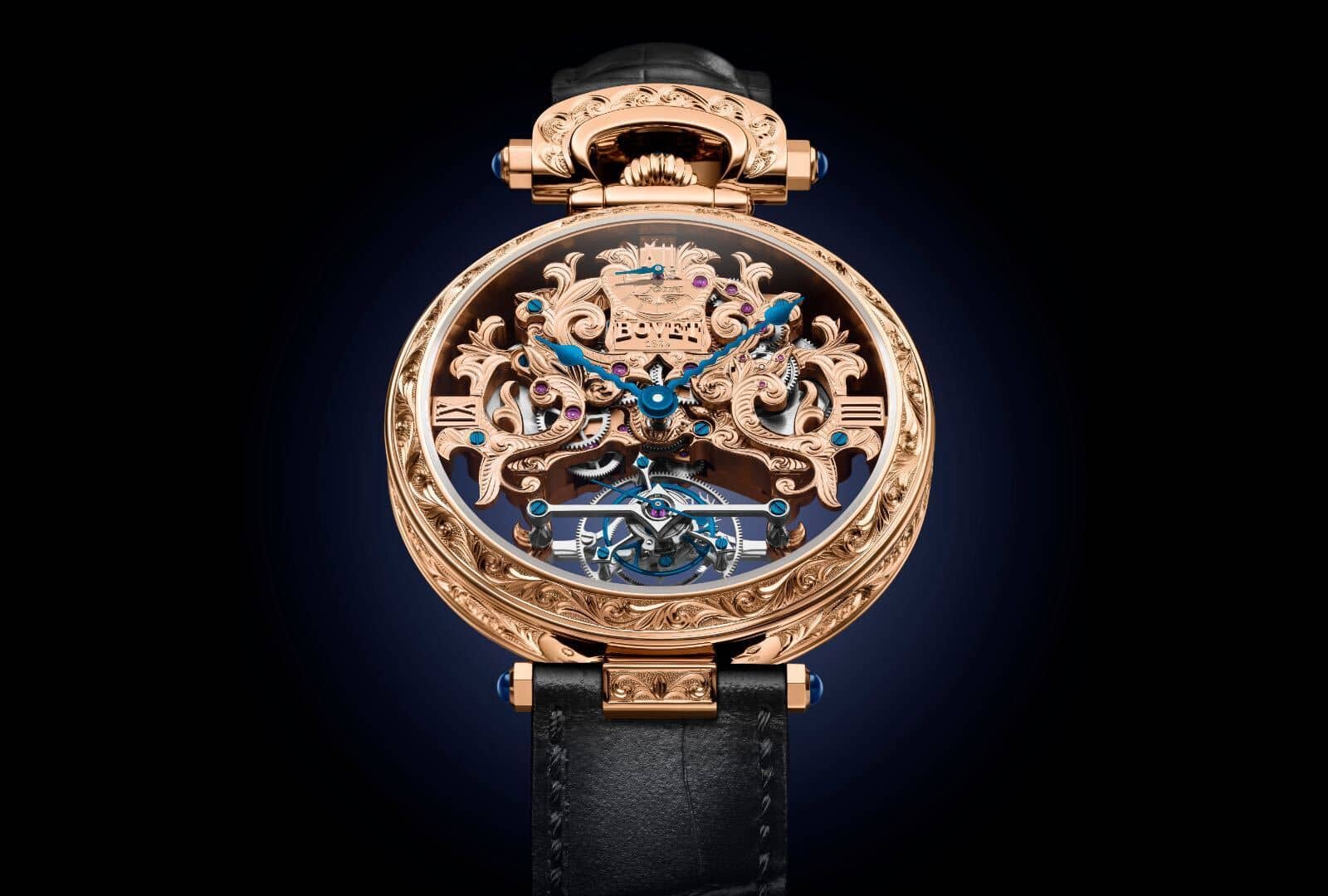 Luxurious BOVET 1822 Amadéo timepiece with intricate skeleton design and rose gold finish.