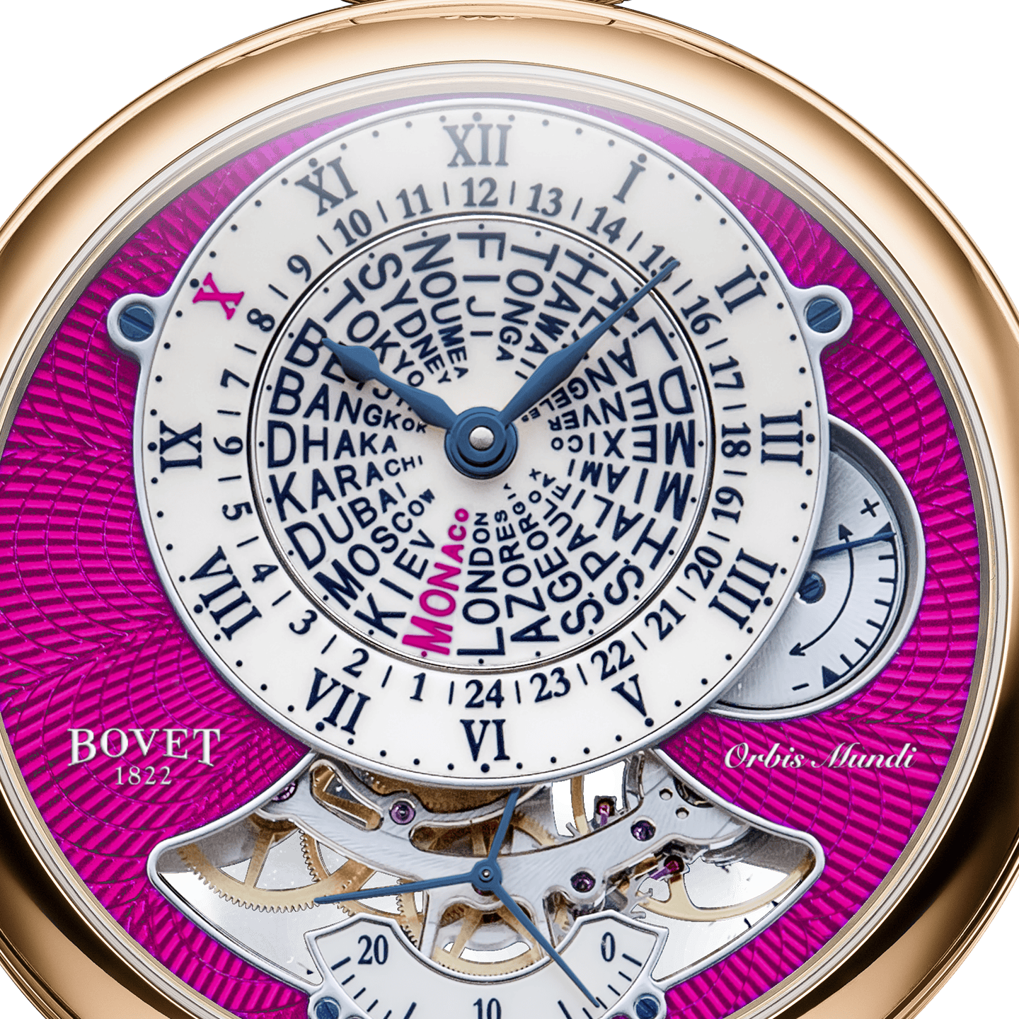 Luxurious Bovet timepiece with world cities and intricate skeleton design, exclusive for ONLY WATCH.
