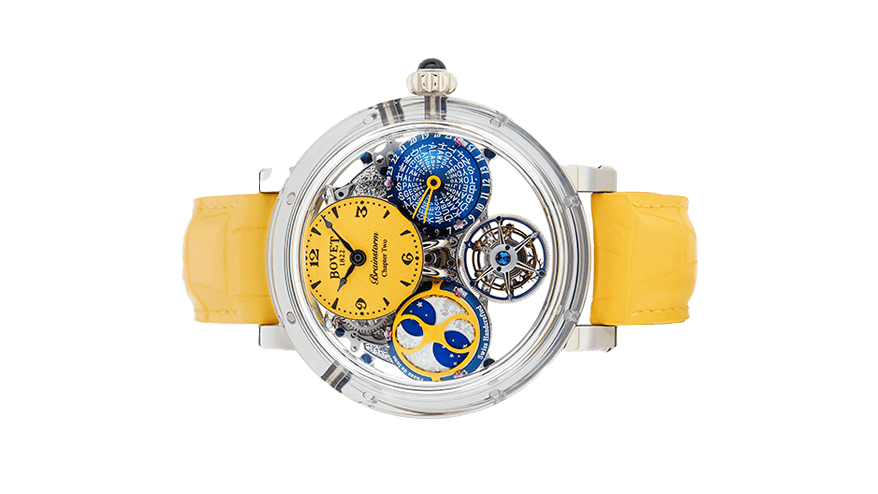 A stunning Bovet timepiece featuring intricate mechanics and a vibrant yellow strap, showcased at Wa.
