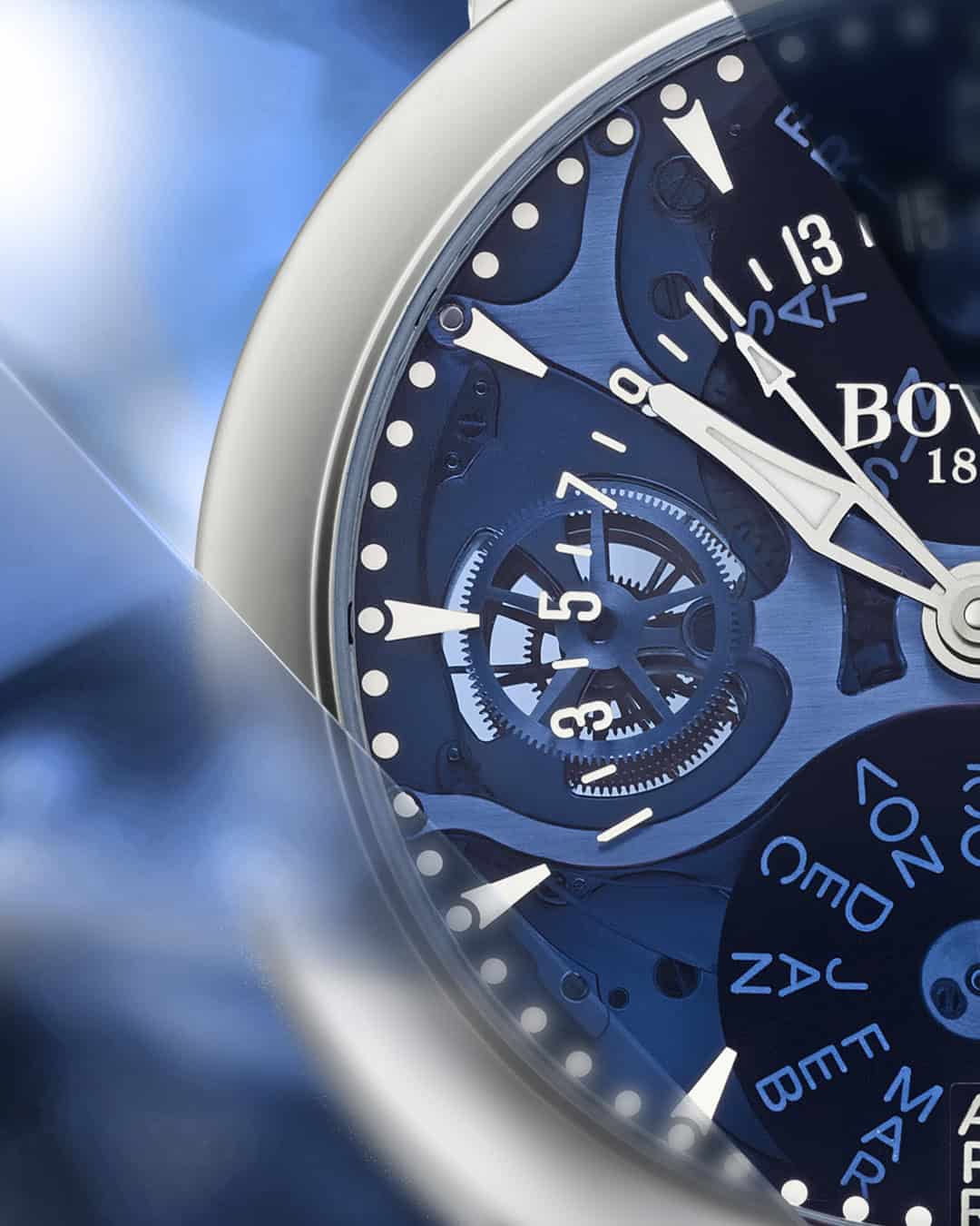 Exquisite Bovet Récital 21 timepiece with intricate skeleton dial and blue accents.