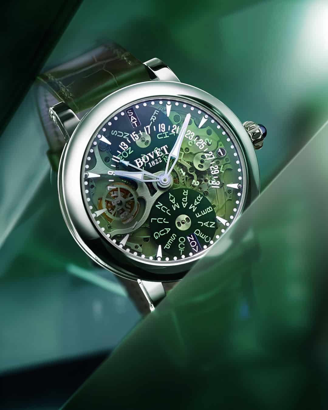 A detailed image of Bovet's intricate timepiece showcasing complex mechanics and vibrant green accen.