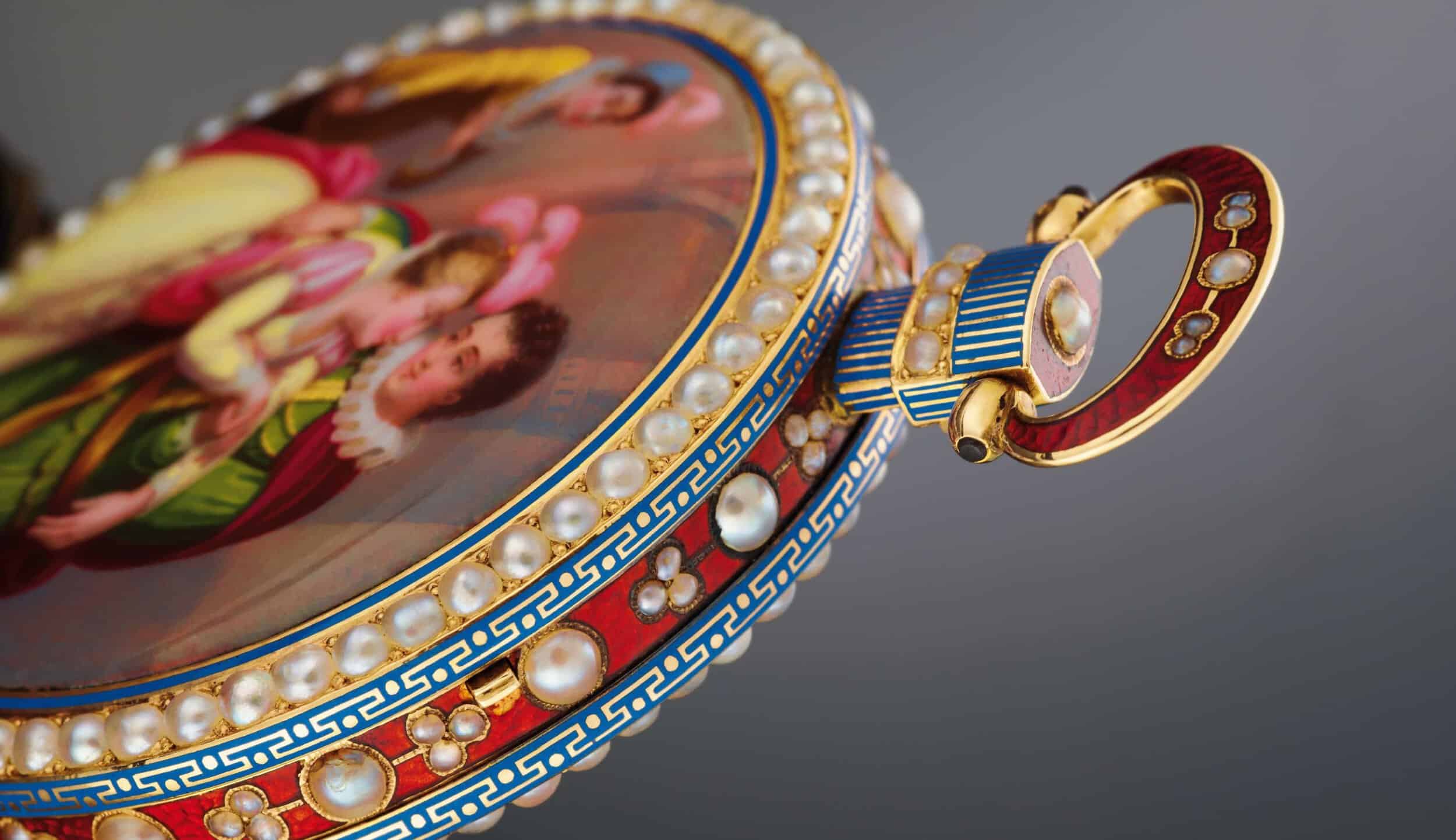 Luxurious Bovet timepiece with intricate enamel and pearl details, celebrating 200 years of craftsma.