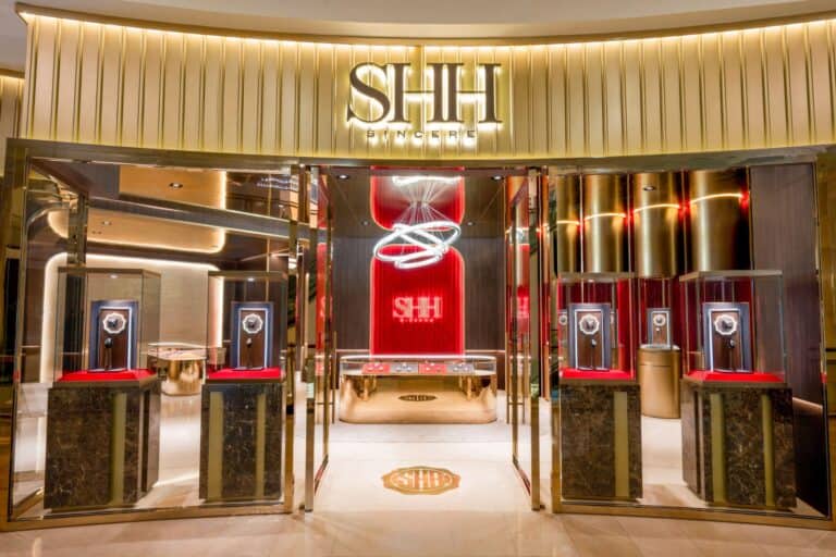 Elegant storefront of SHH Taiwan showcasing luxury timepieces with a modern, sophisticated design an.
