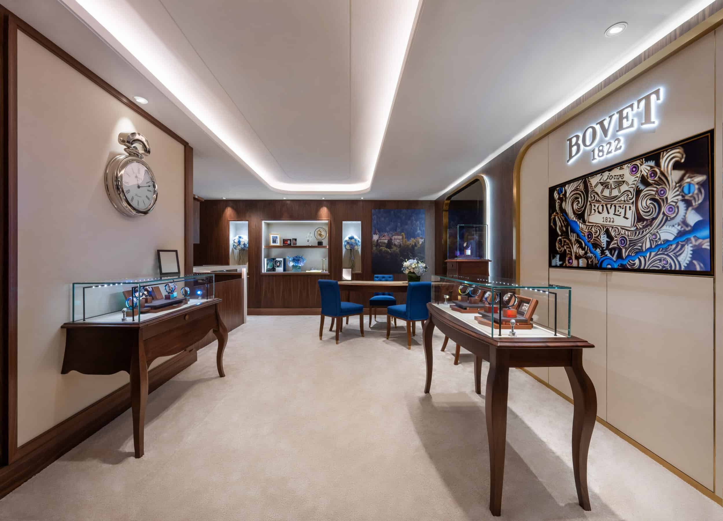 Elegant Bovet boutique display with luxurious timepieces showcased in a sophisticated setting.