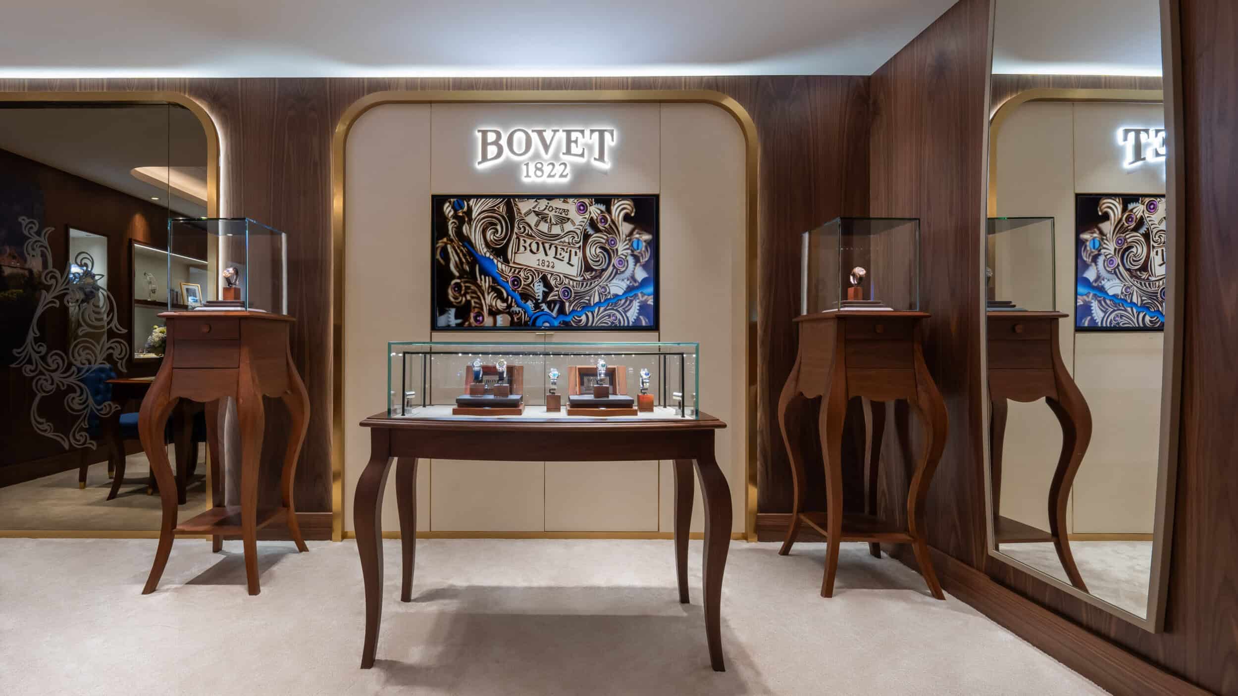 Elegant Bovet timepieces displayed in a luxurious setting at Cortina Watch Hotel Royal-Nikko Taipei.