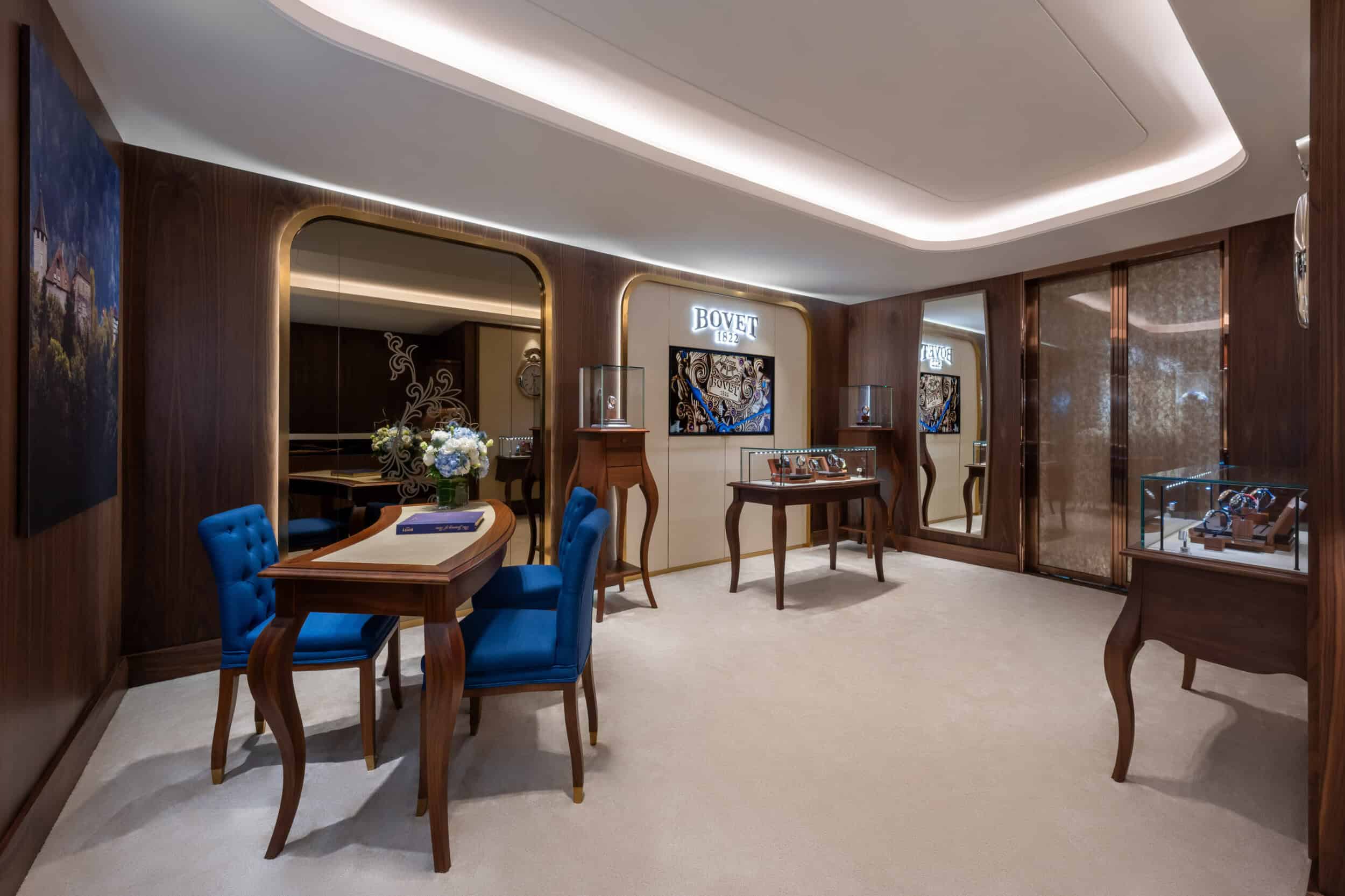 Elegant Bovet timepieces display at Cortina Watch Hotel Royal-Nikko Taipei interior.