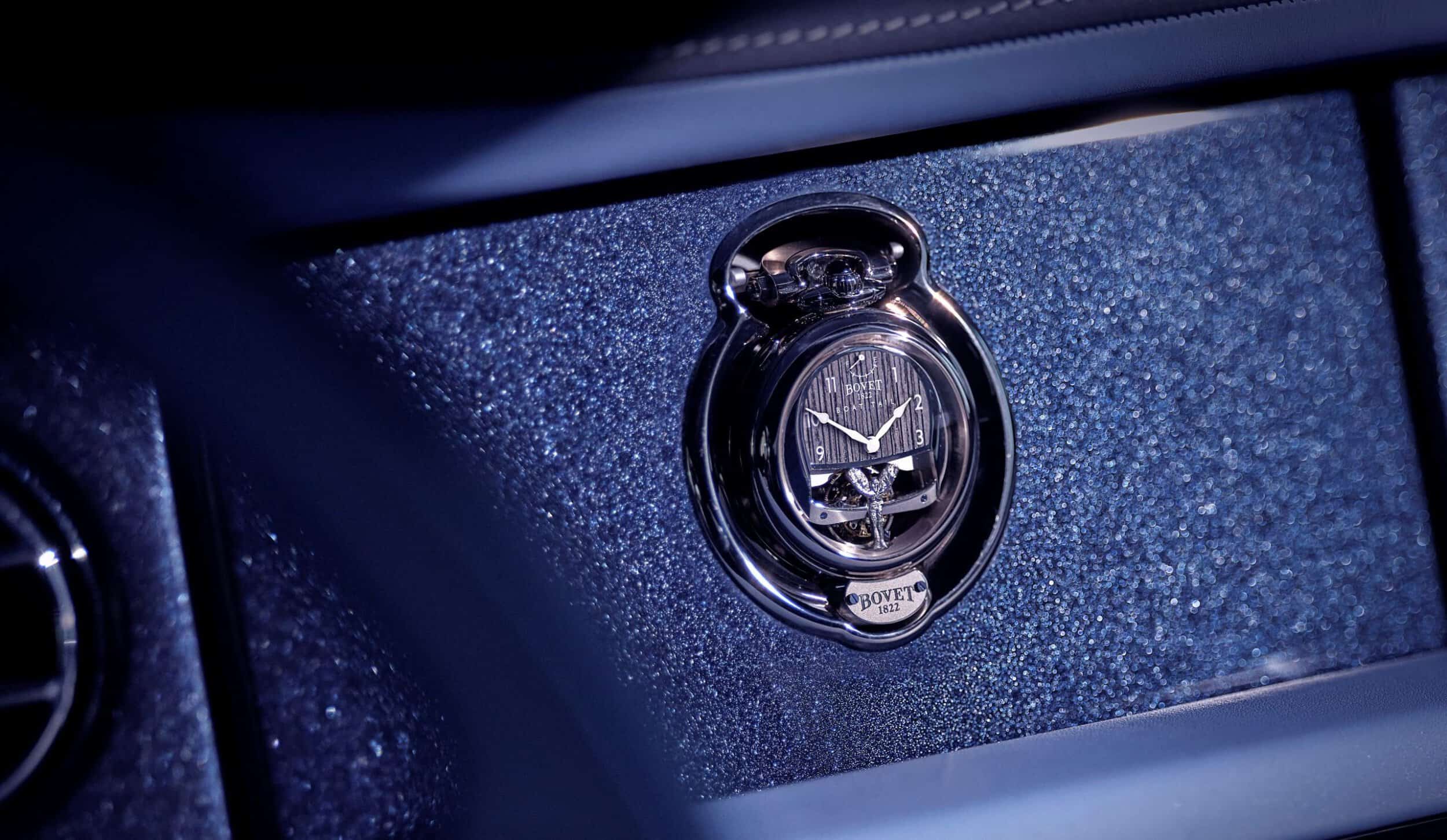 Luxurious Bovet timepiece embedded in the Rolls-Royce Boat Tail interior.