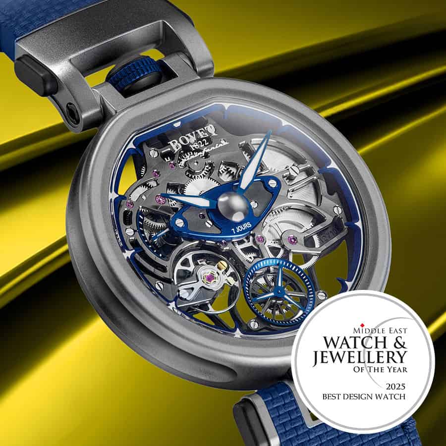 BOVET x Pininfarina Aperto 1 skeletonized timepiece with intricate mechanical details and blue accen.