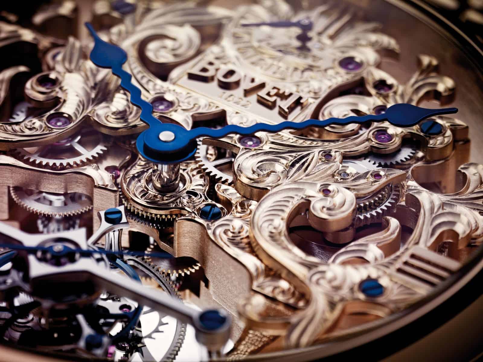 Intricate mechanical movement of a Bovet timepiece showcasing craftsmanship and precision.
