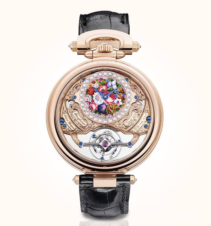 Luxurious Bovet timepiece with intricate floral dial and rose gold case.