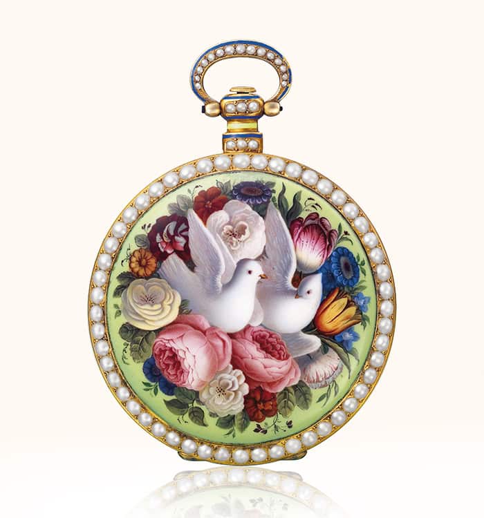 Exquisite Bovet pocket timepiece with floral and dove design, adorned with pearls and gemstones.