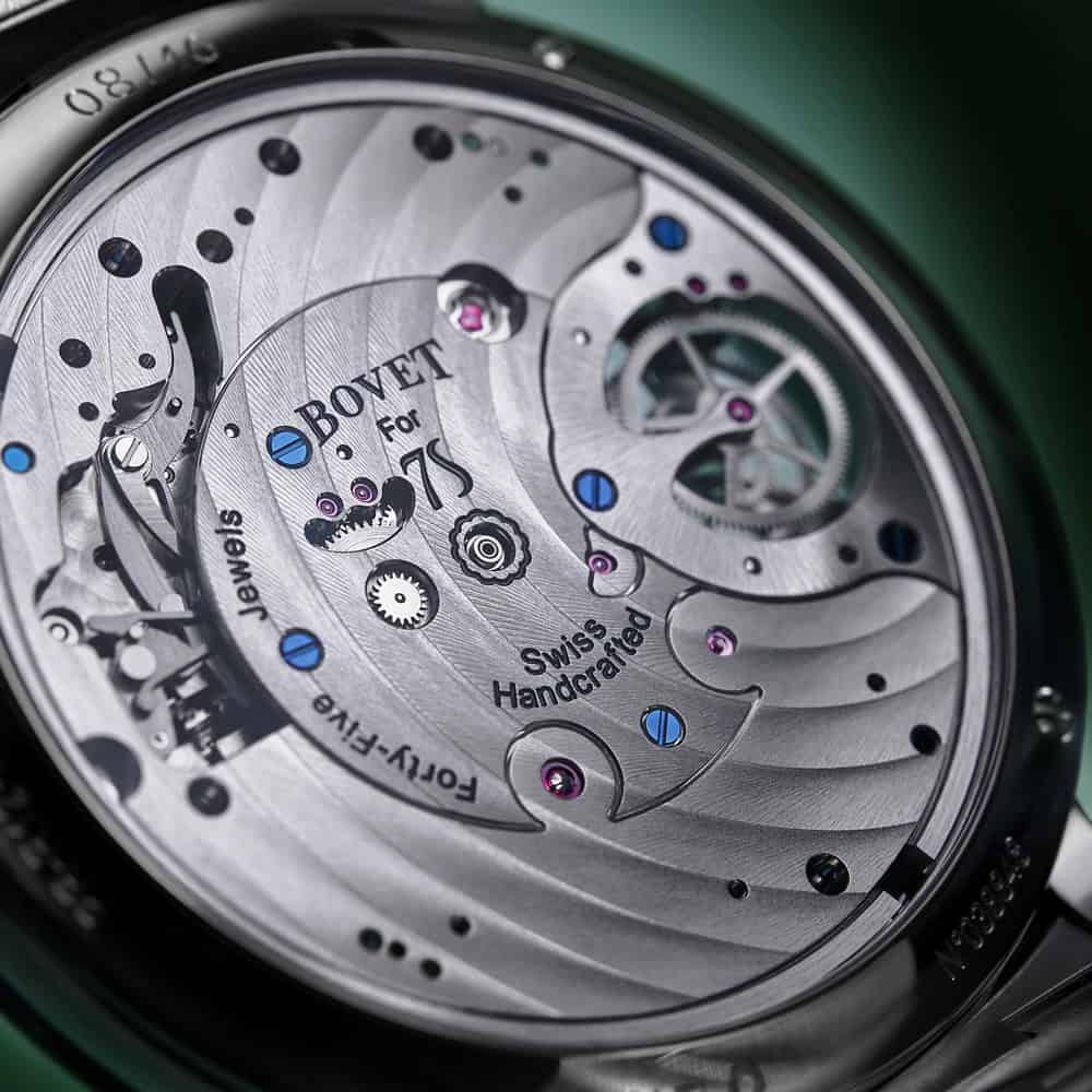 Intricate Bovet timepiece movement showcasing Swiss craftsmanship and precision engineering.