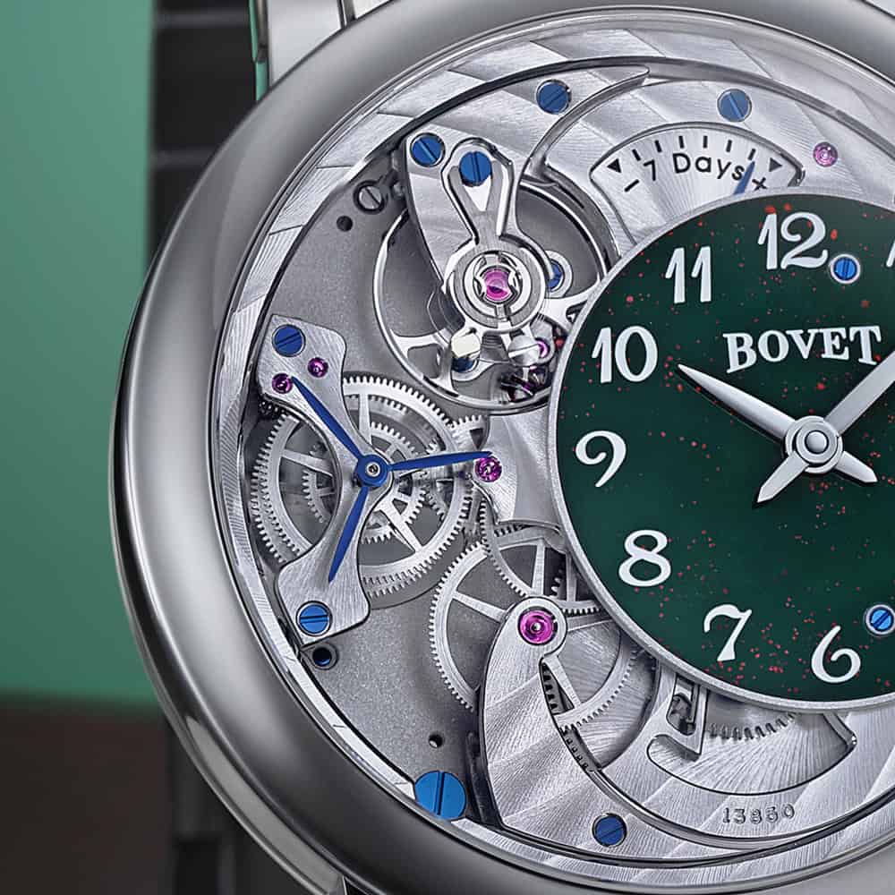 Exquisite Bovet timepiece with intricate mechanical movement and green dial design.