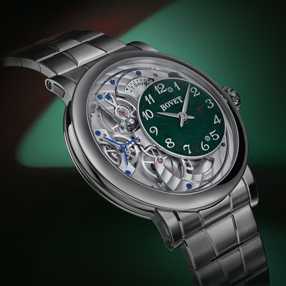 BOVET timepiece featuring intricate mechanical design and green dial, crafted for luxury and precisi.