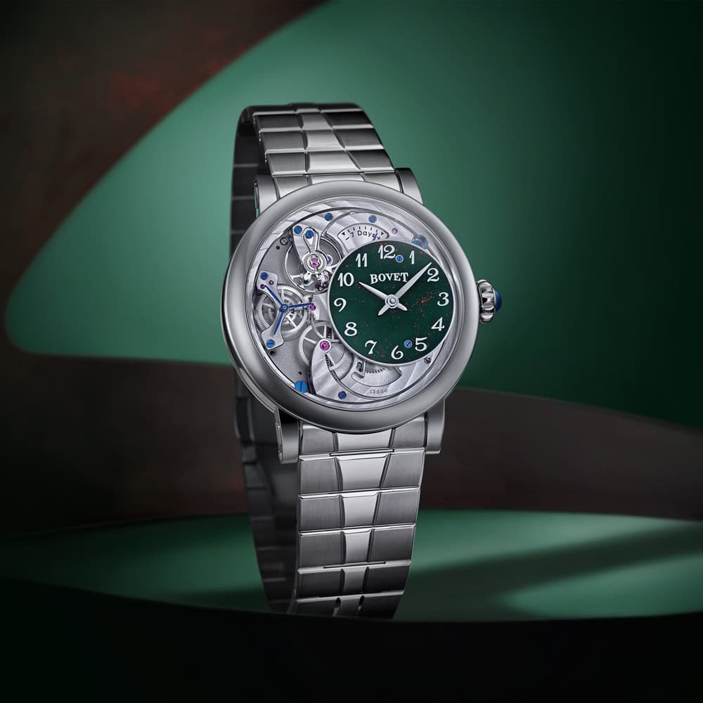 Elegant Bovet timepiece with intricate mechanical design and green dial display.