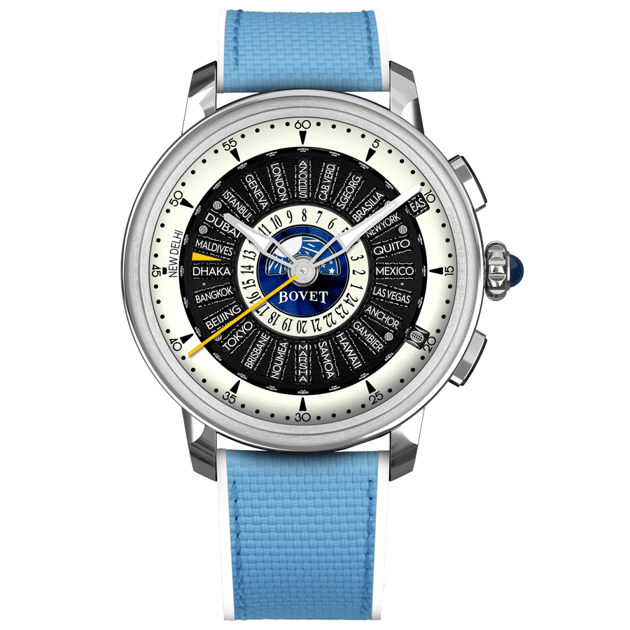 Elegant Bovet timepiece featuring a world time complication with city indicators and a vibrant blue.