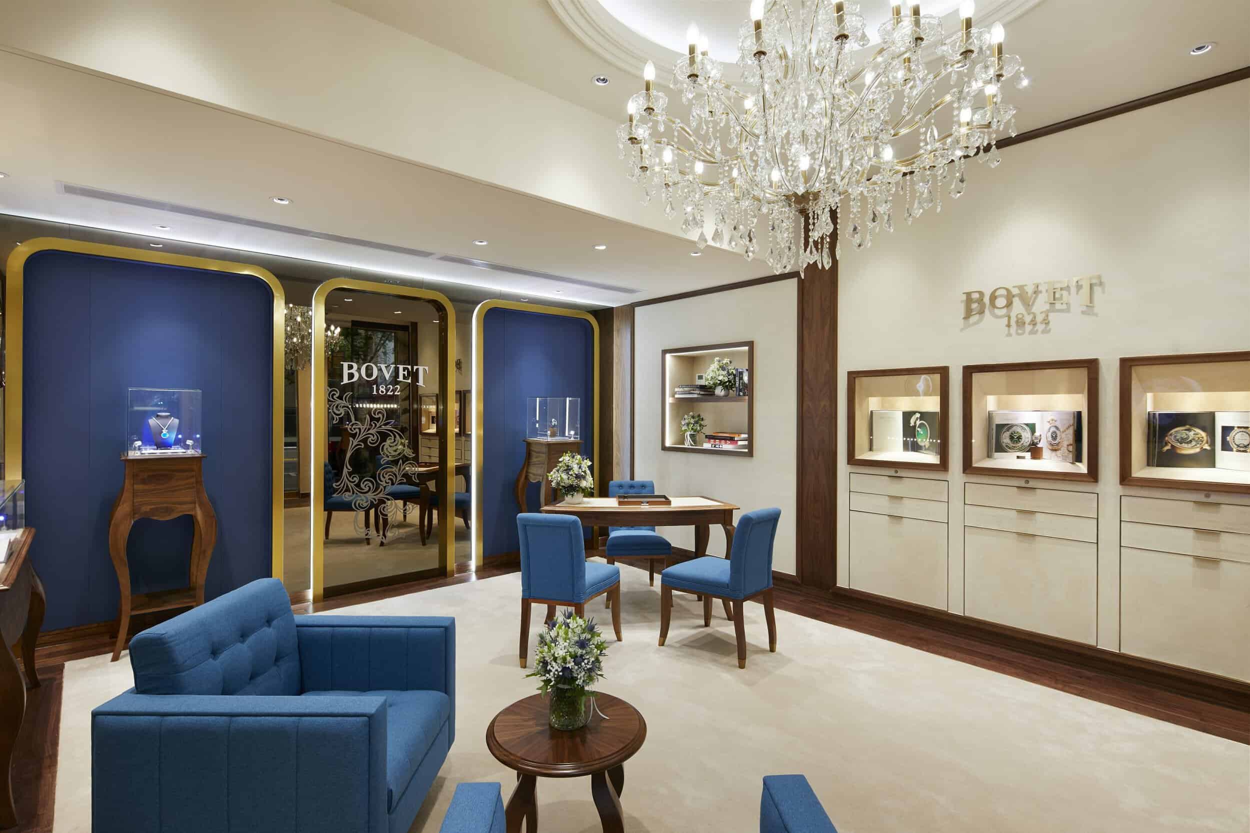 Elegant Bovet boutique interior showcasing luxurious display cases and sophisticated decor for exclu.
