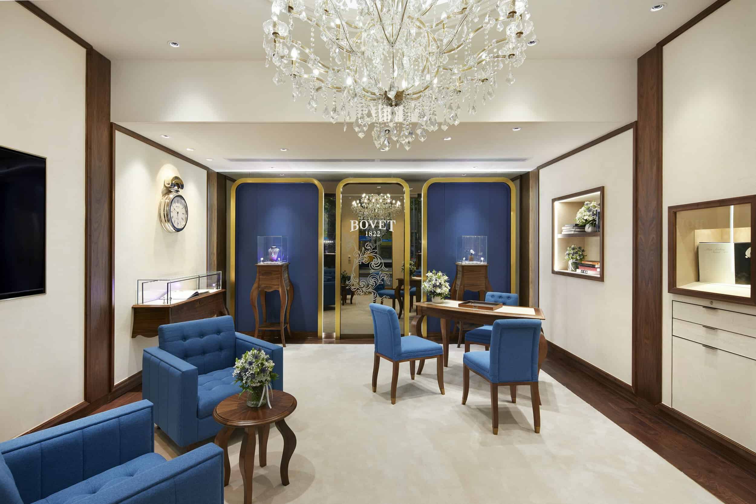 Elegant Bovet boutique interior showcasing luxurious display cases and sophisticated decor for exclu.