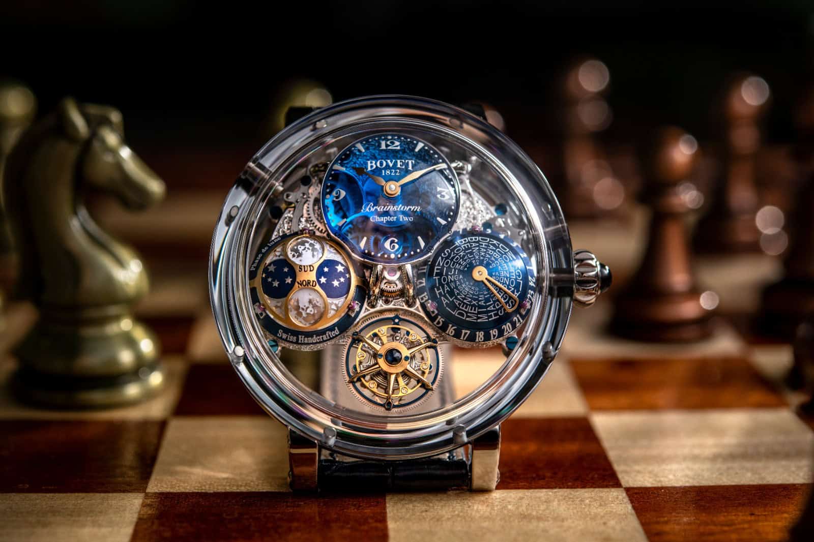 Luxurious Bovet timepiece with intricate skeleton design and blue accents.