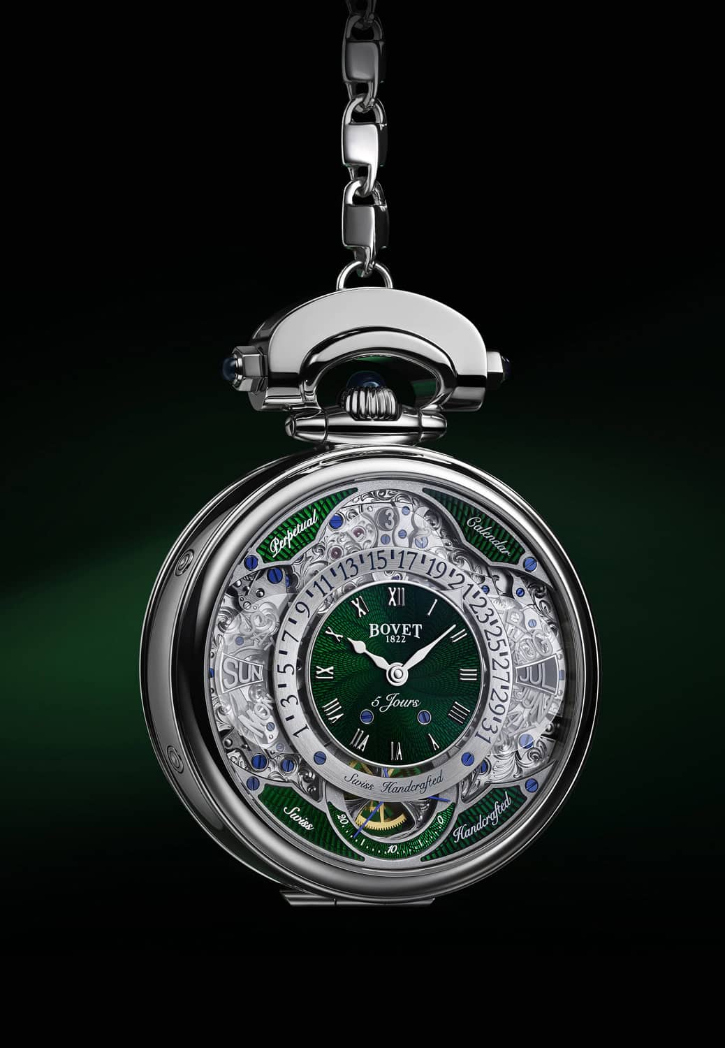 Exquisite Bovet pocket timepiece with intricate mechanical details and elegant design.