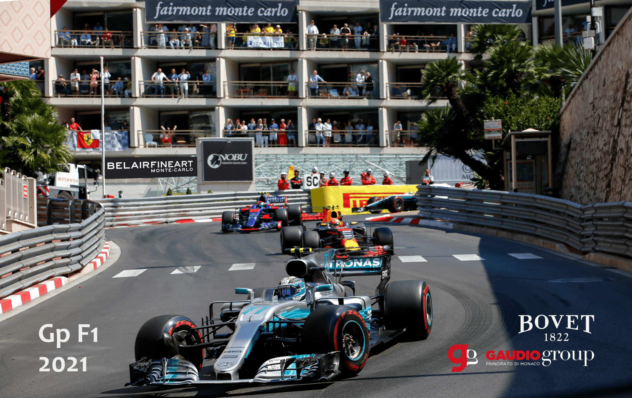 Monaco F1 race with Bovet timepiece on display, high-speed racing action.