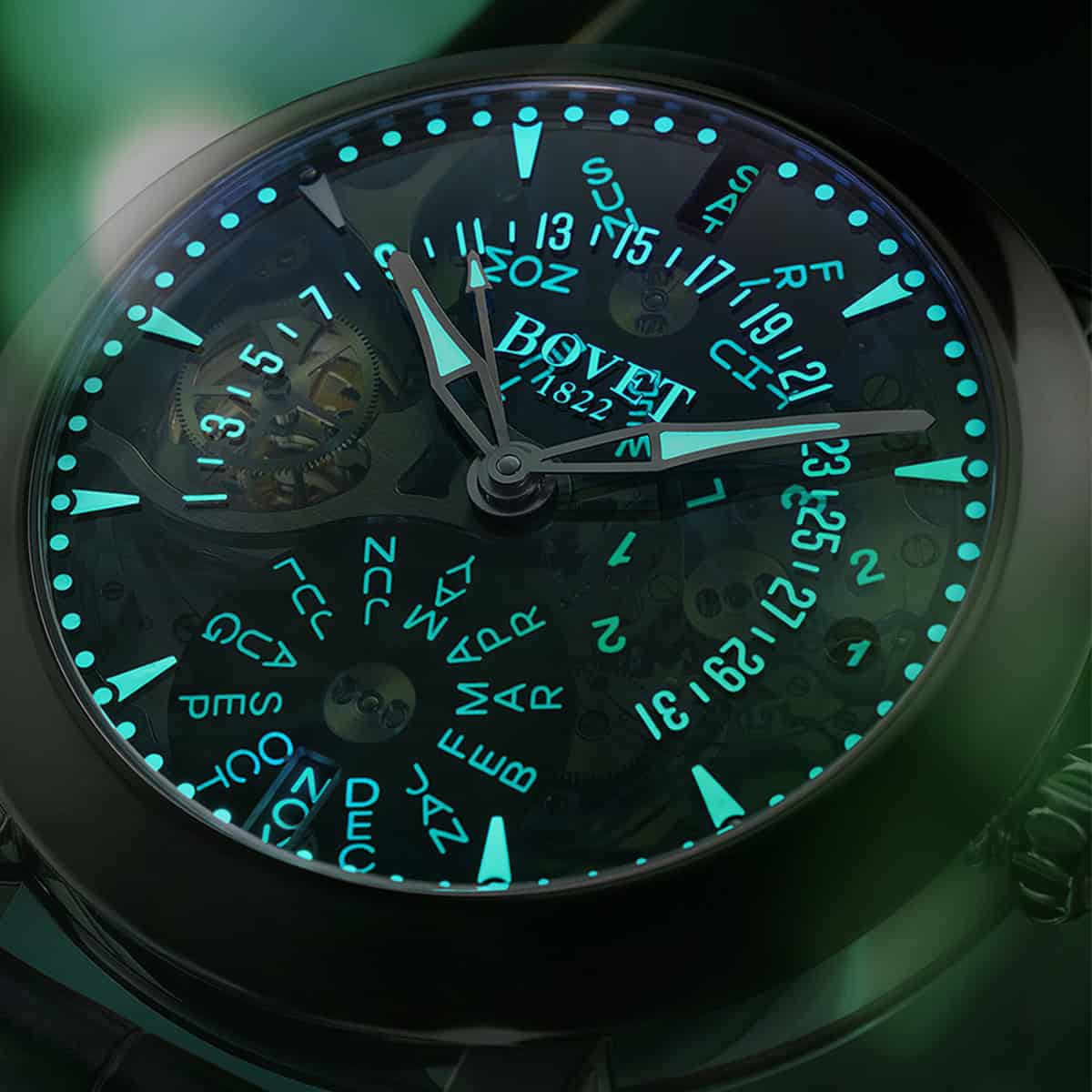 Luminescent Bovet timepiece with intricate dial and visible mechanics, perfect for collectors.